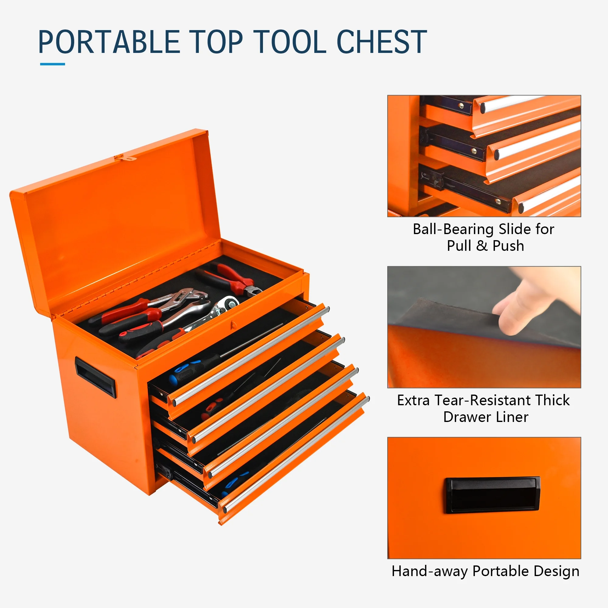 Tool Chest, 5-Drawer Rolling Tool Storage Cabinet with Detachable Top Tool Box, Universal Lockable Wheels