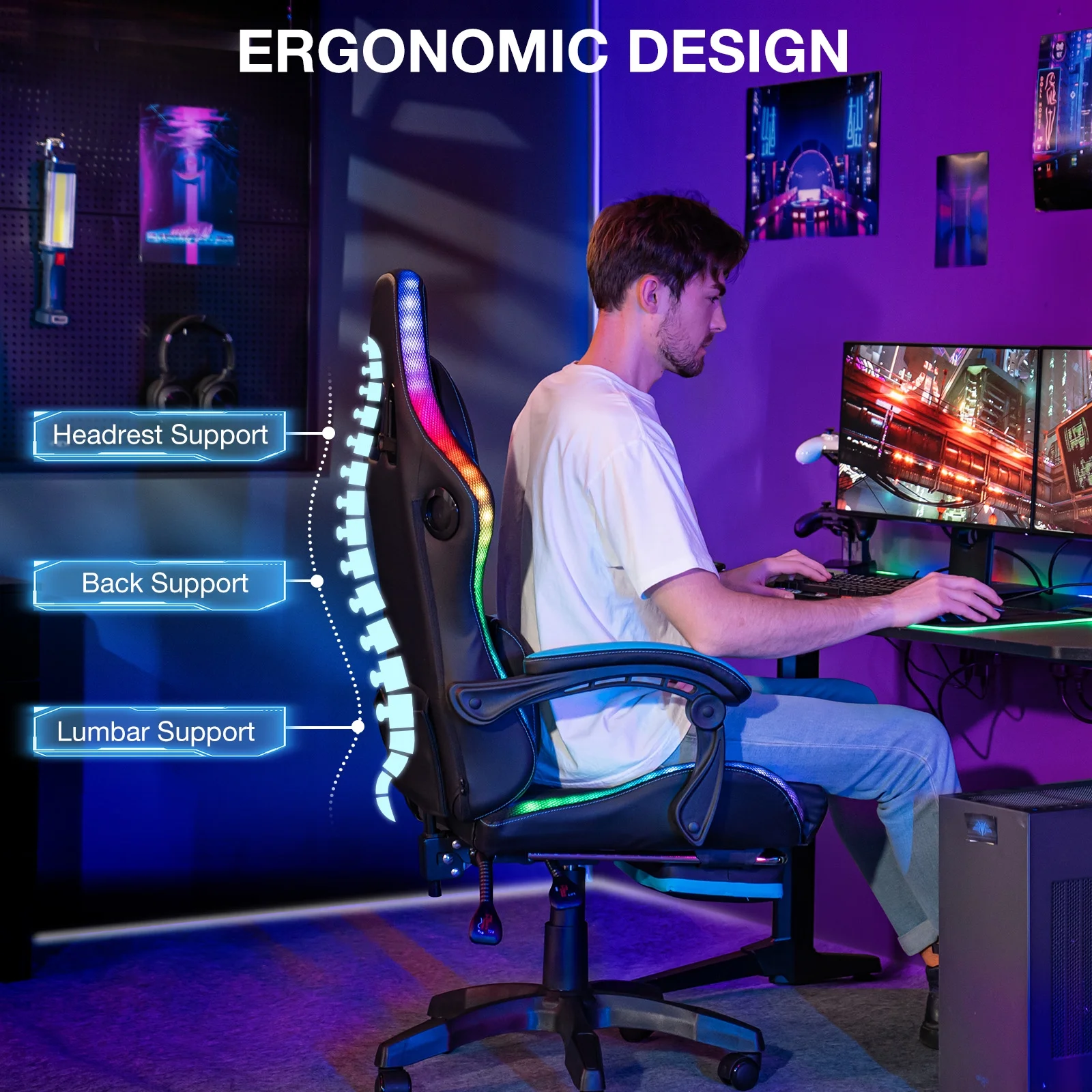 HOFFREE Big and Tall Gaming Chair with Speakers and RGB Lights, Gamer Chair with Footrest, Lumbar Support Height Adjustable 360-Swivel Seat and Headrest for Adults, 400lbs