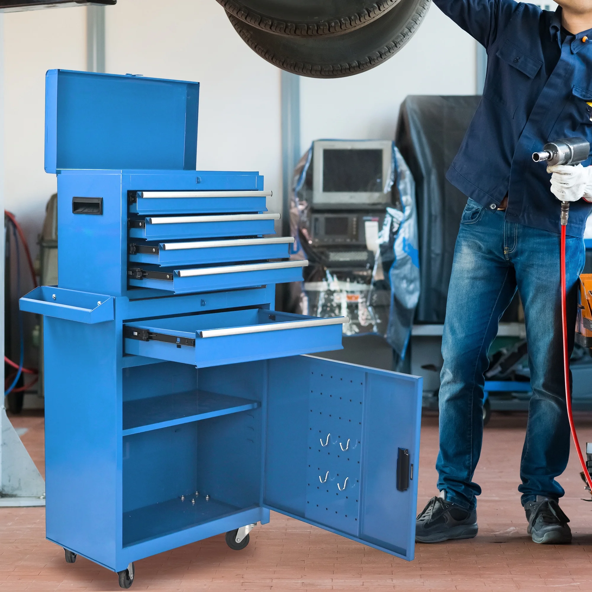 Tool Chest, 5-Drawer Rolling Tool Storage Cabinet with Detachable Top Tool Box, Universal Lockable Wheels