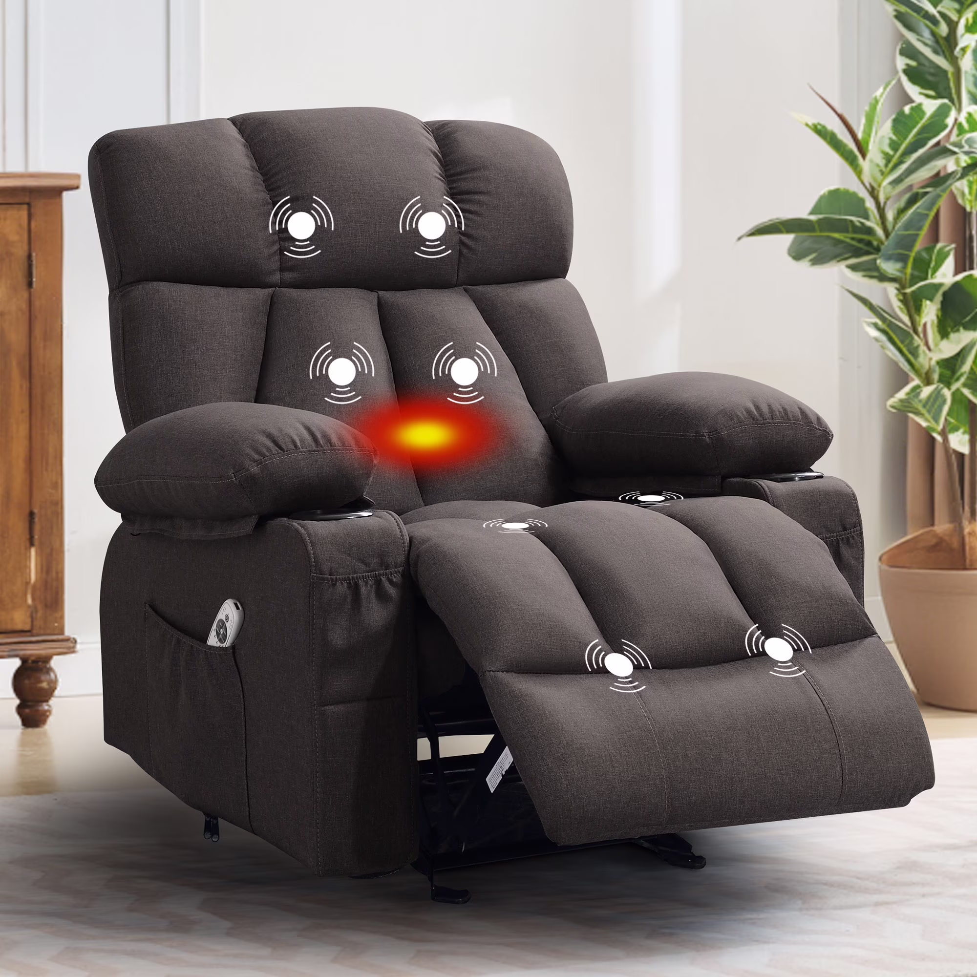JONPONY Manual Recliner Chair with Heat Therapy and Massage Function, Heavy Duty Reclining Mechanism Massage Chair, Elderly Single Rocker Sofa with Cup Holders for Bedroom Home Theater,Grey