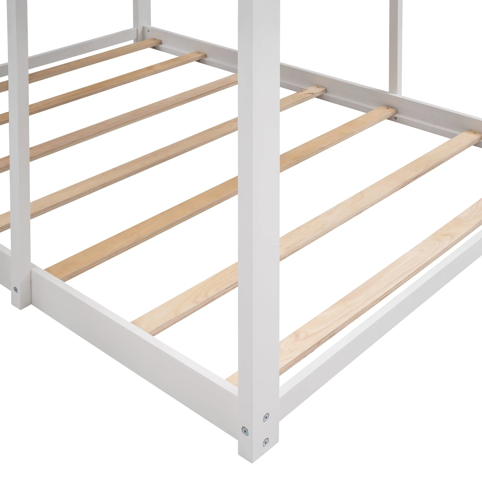 Full Over Full Bunk Bed House Bed with Dual Roofs, Wood Loft Bed Frame with Full-Length Guardrails & Inclined Ladder, Space Saving Design, No Box Spring Needed, White