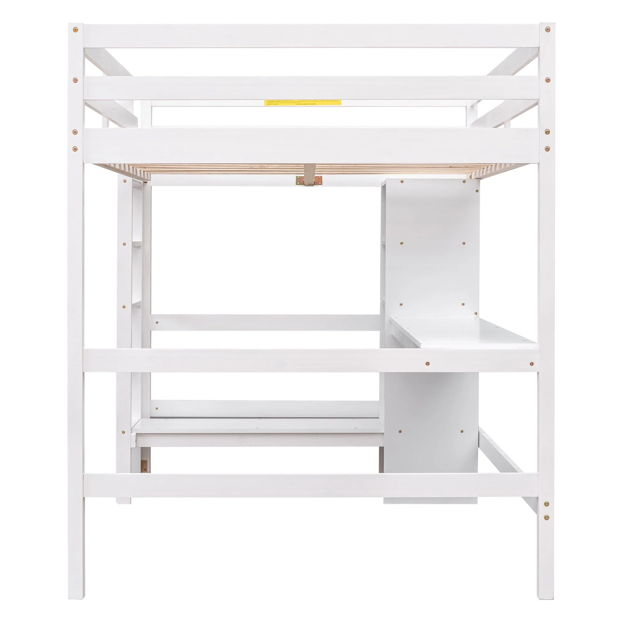 Euroco Full Size Loft Bed with Desk, Shelves and Bench for Kids Room, Solid Wood Bed with Relax Bench, White