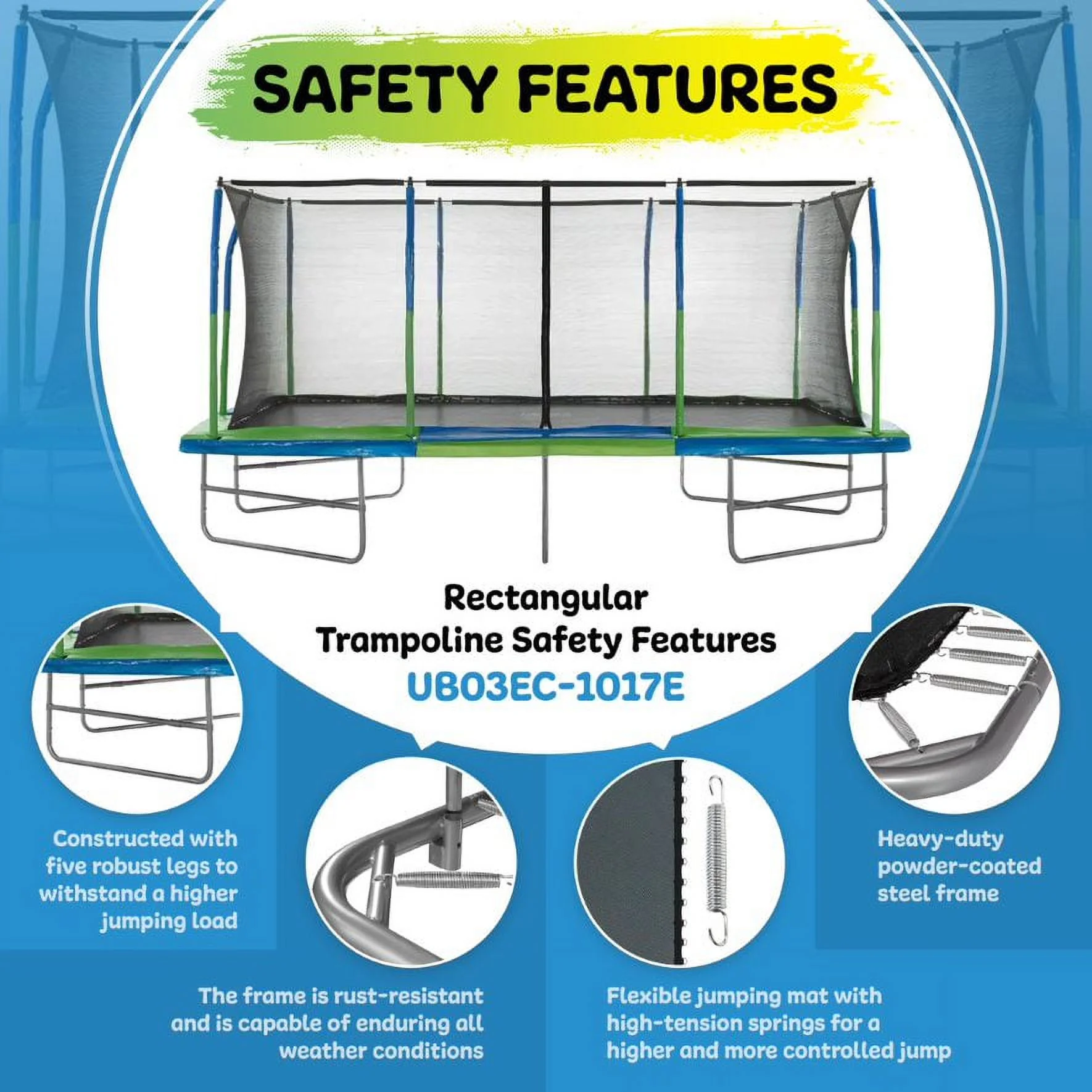 Machrus Upper Bounce - Mega 10' X 17' Gymnastics Style, Rectangular Trampoline Set with Premium Top-Ring Enclosure System - Green/Black
