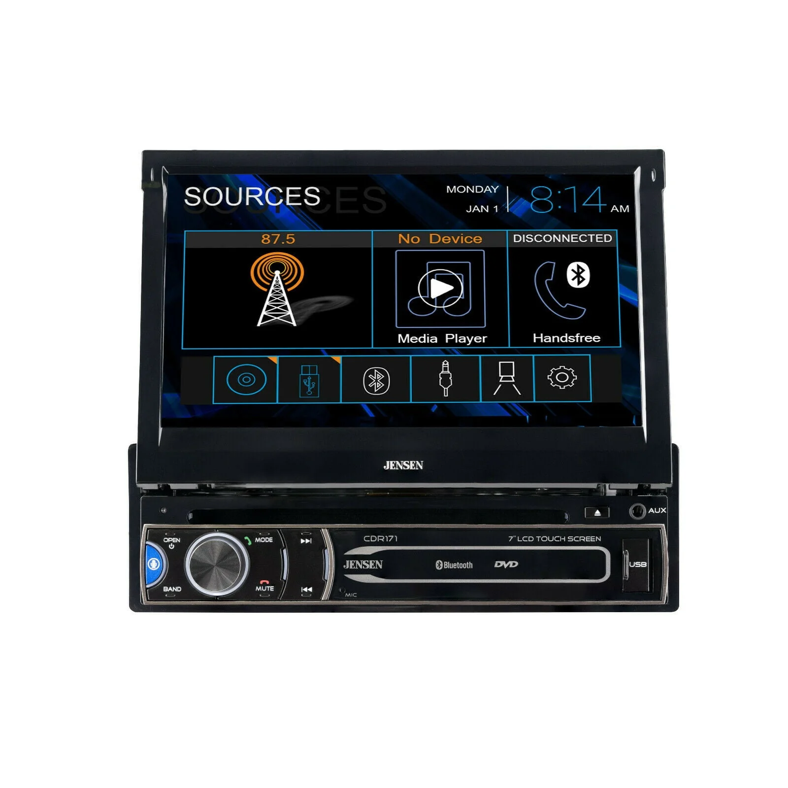 JENSEN CDR171 7 inch Single DIN Car Stereo Radio | AM/FM Motorized Flip Out LED Media Touch Screen