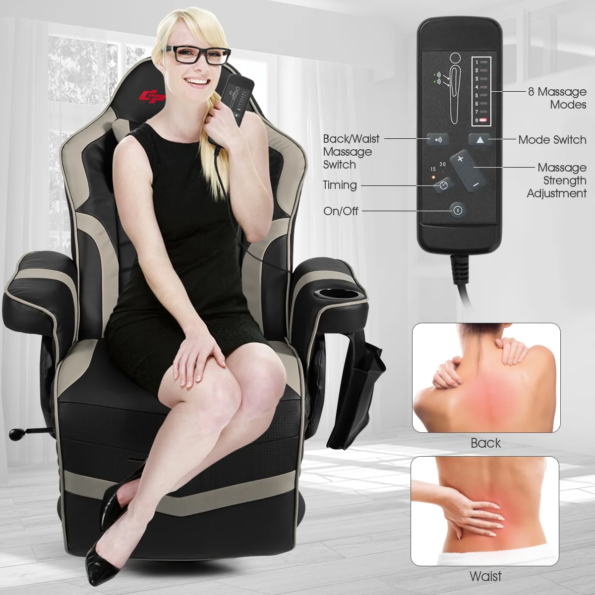 Goplus Massage Gaming Recliner Reclining Racing Chair Swivel Black