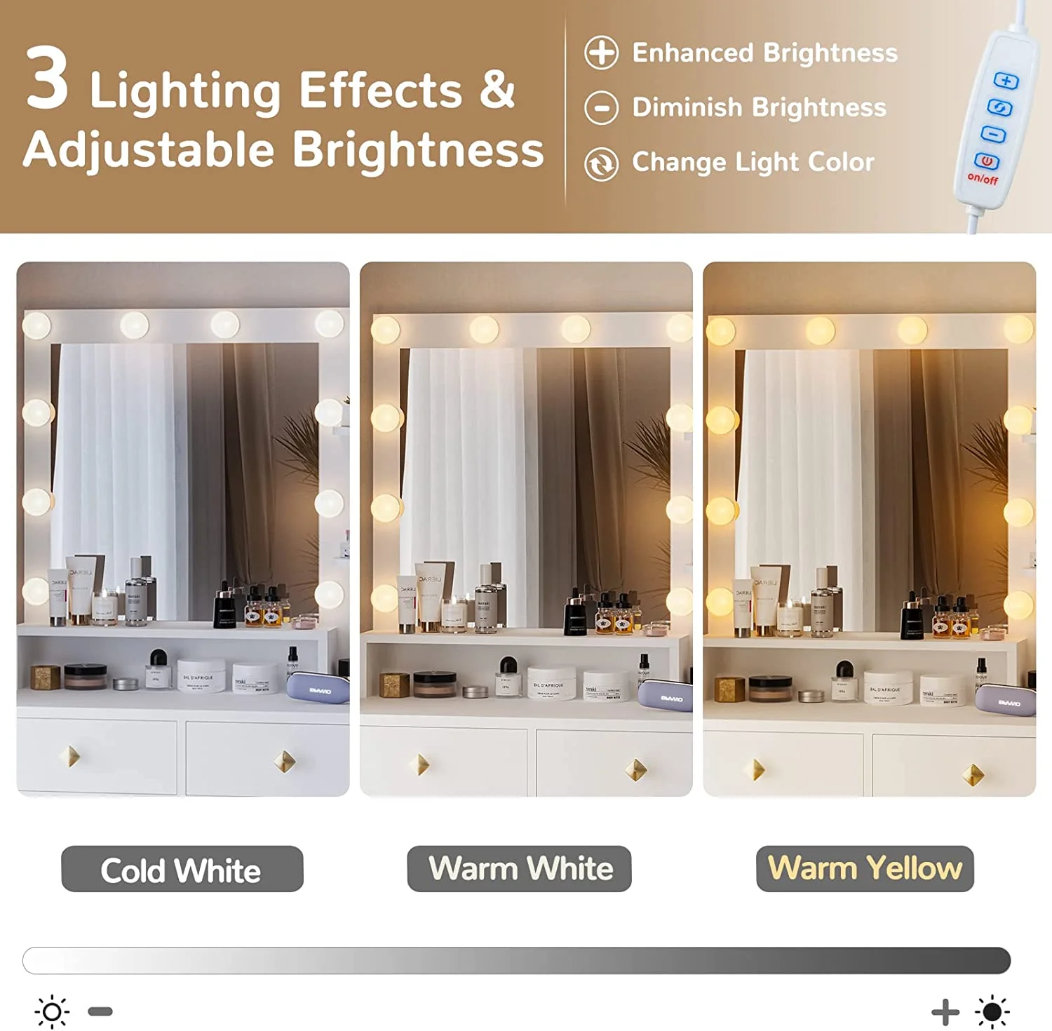 Afuhokles Large Makeup Vanity with Lights, Vanity Table with Charging Station Vanity Desk with Mirror and 10 LED Light Bulbs, 5 Drawers, White