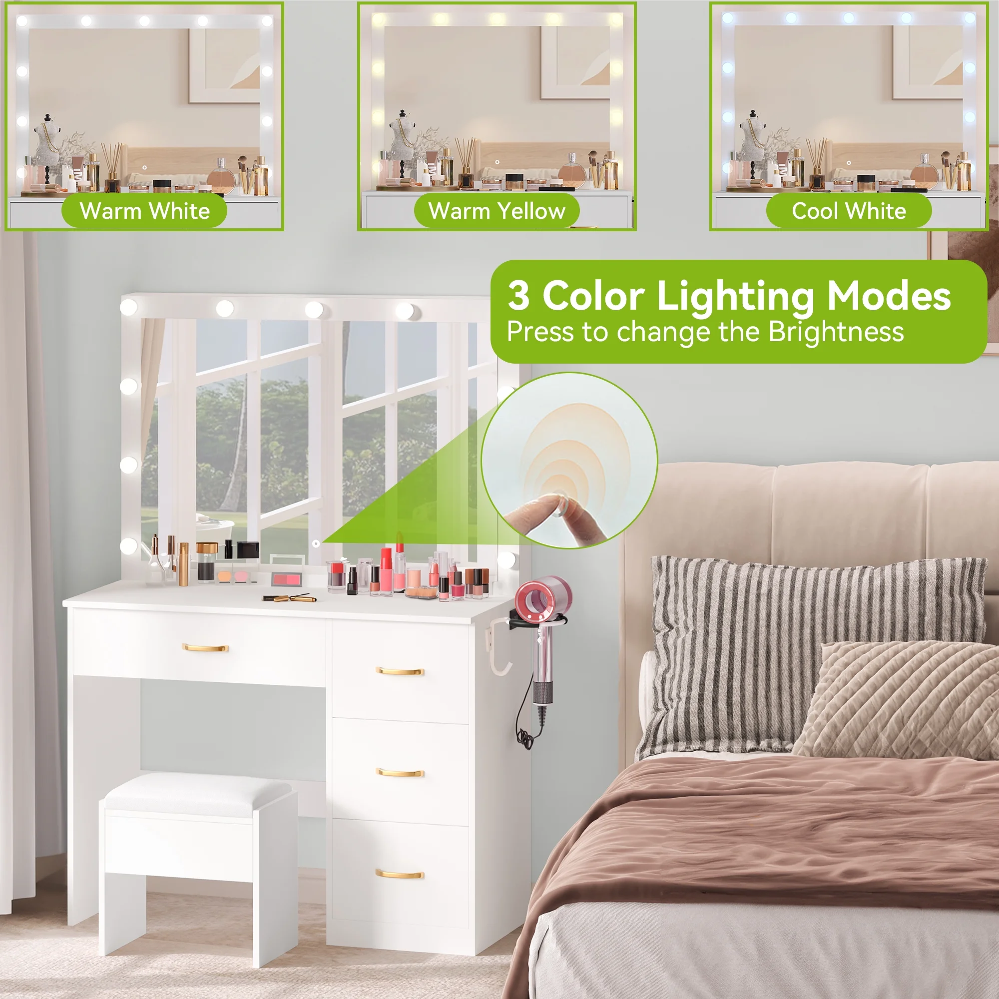 Dextrus Makeup Vanity Desk with Large Lighted Mirror and Storage - Enhance Your Beauty, Routine 4 Drawer Vanity Table with Cushioned Stool, Milky-White