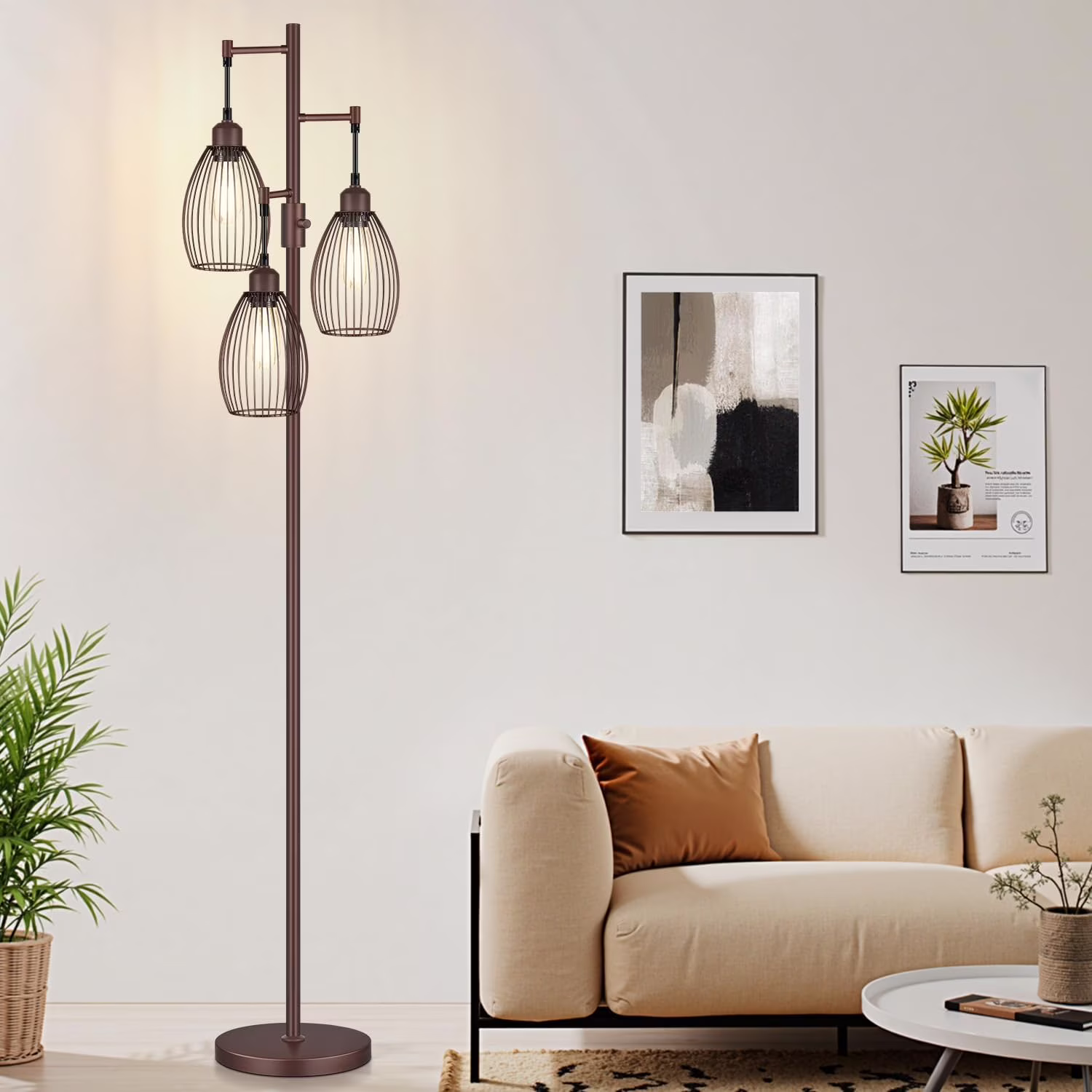 Dimmable Floor Lamp, 3 x 800LM LED Edison Bulbs Included, Farmhouse Industrial Floor Lamp Standing Tree Lamp with Elegant Teardrop Cage Tall Lamps for Living Room Bedroom Office Dining Room