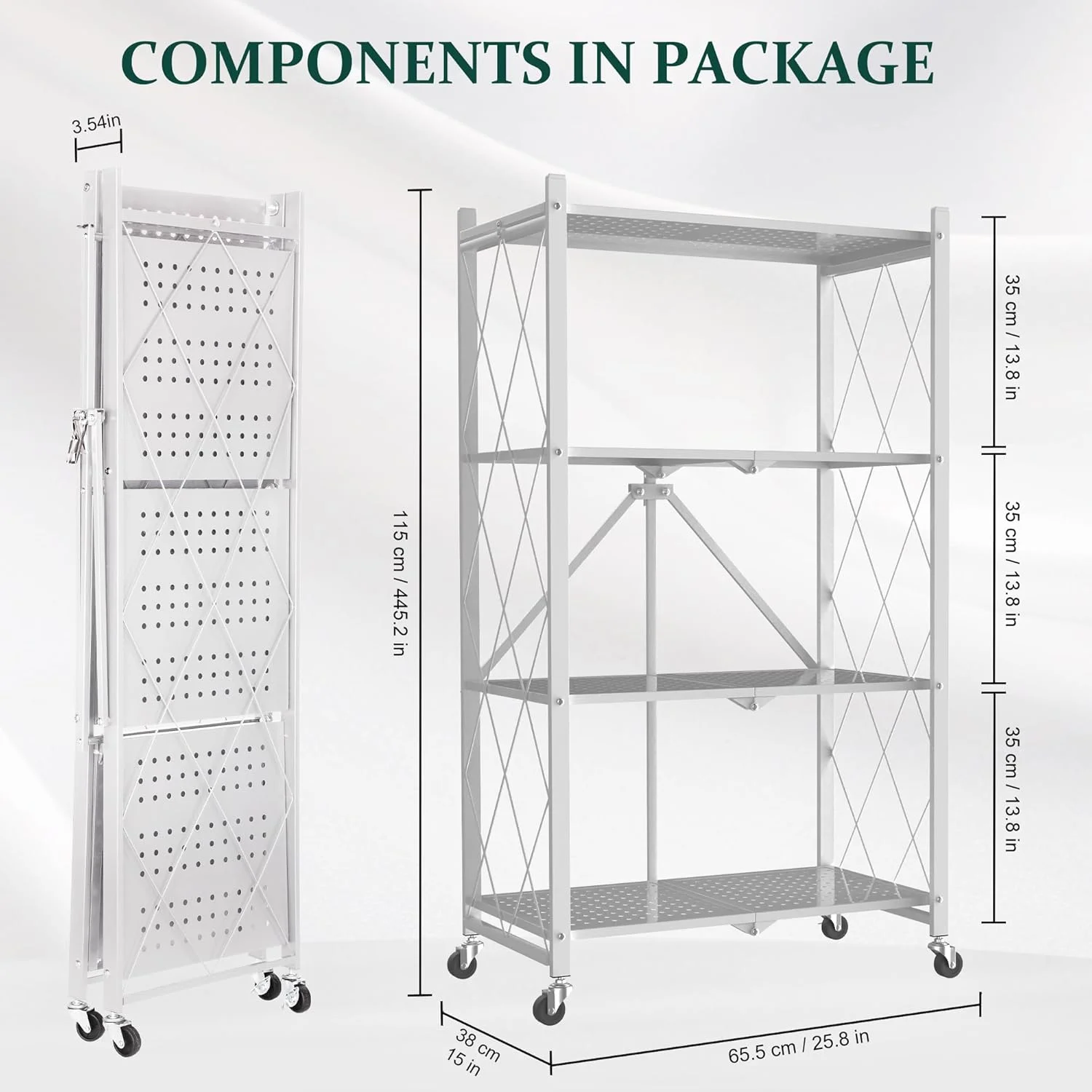 Foldable 4-Tier Storage Shelves with Wheels, No Assembly Bookshelf, Heavy Duty Kitchen Racks and Shelves, Rolling Microwave Cart, White