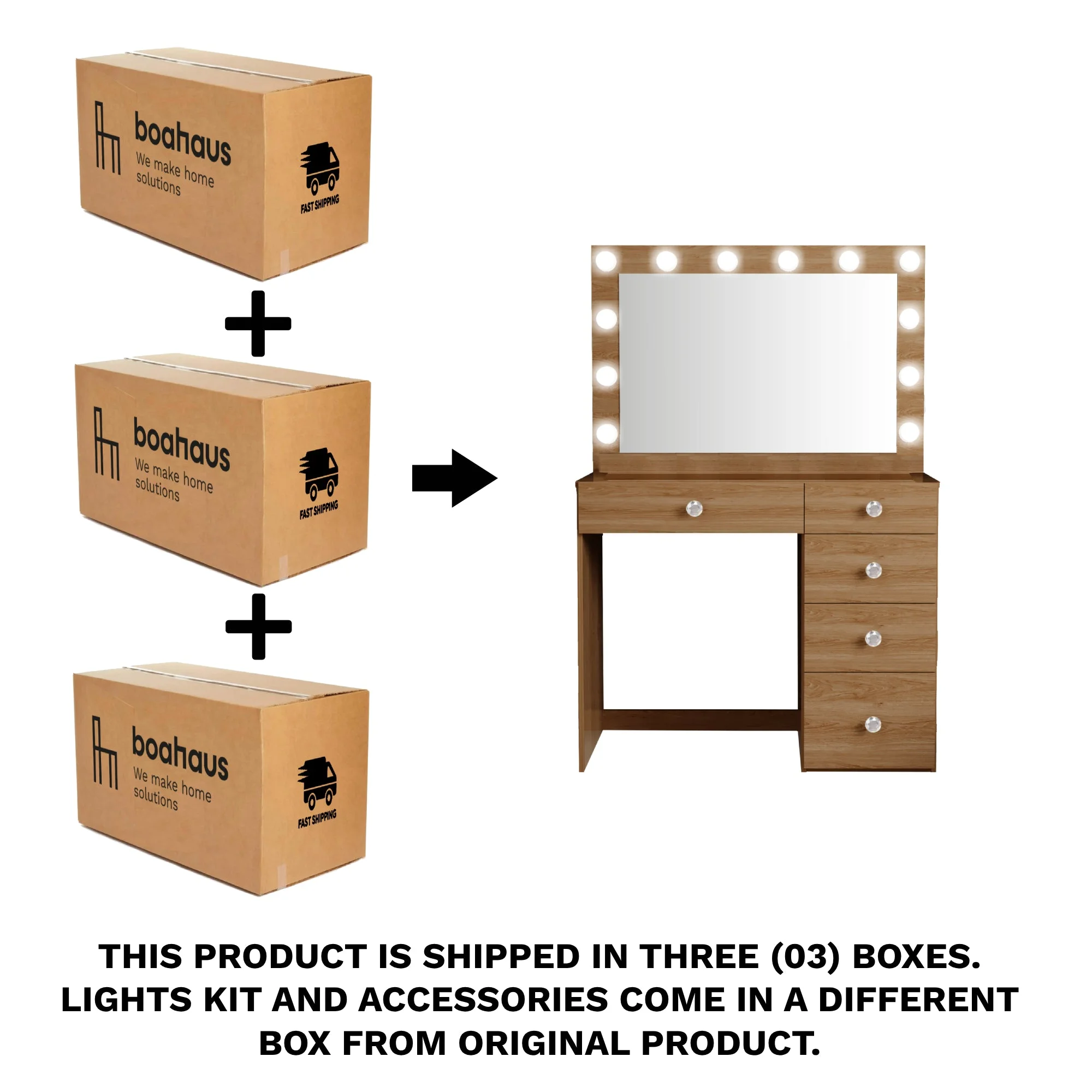 Ember Interiors Ghada Modern Brown Makeup Vanity Desk with Built-in Lights and USB Port for Bedroom