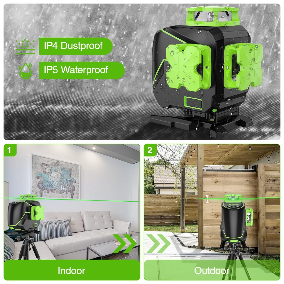 Huepar 3 x 360 Degree Cross Line Laser Level 3D Self-leveling Tiling Floor Green Beam Laser Leveler Tools with Li-ion Battery & Pivoting Base S03DG-L