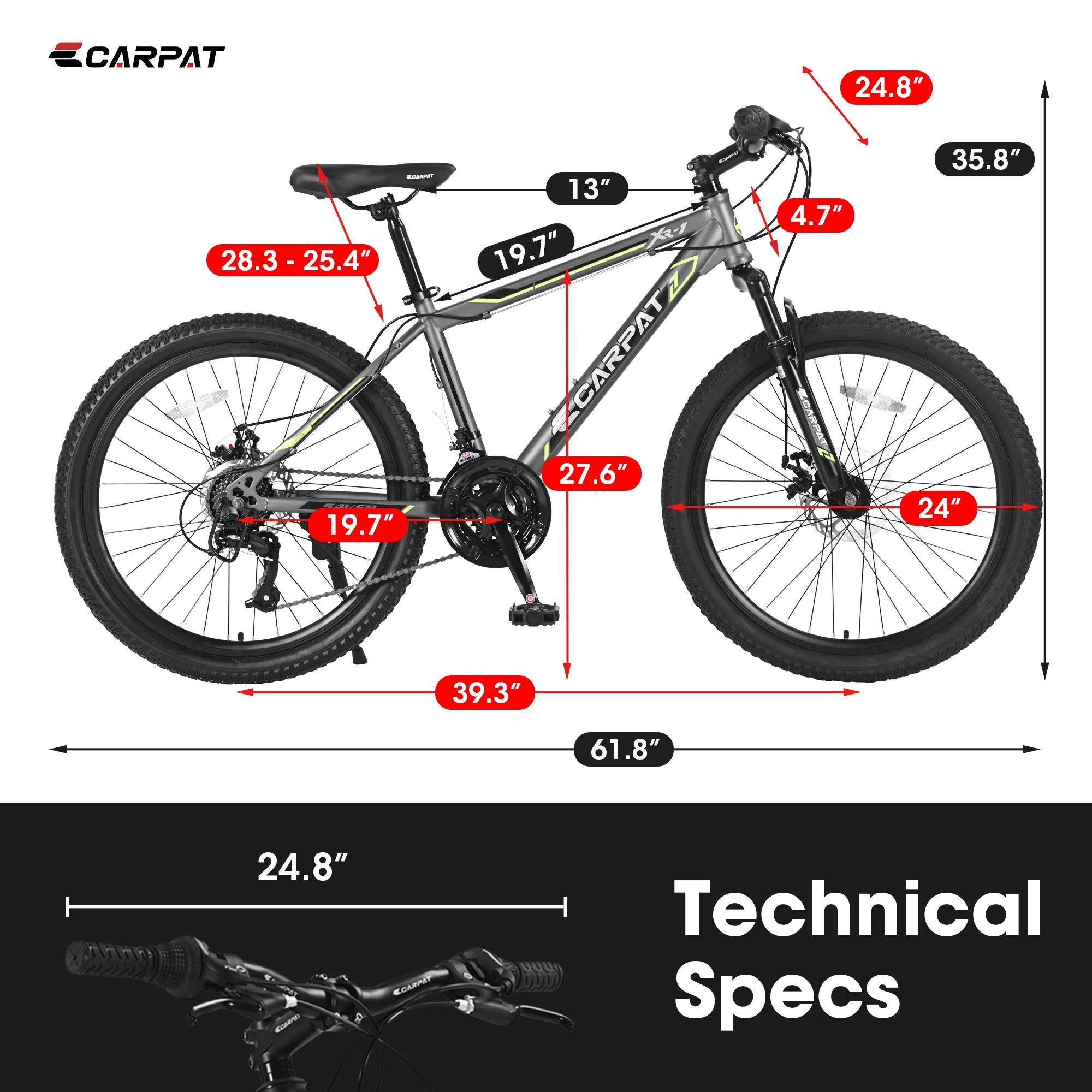 Ecarpat Mountain Bike, 24-Inch Wheels Bikes Shimano 21-Speed with High Carbon Steel Frame Mechanical Disc Brakes Front Suspension Fork for Youth Adults Multiple Colors