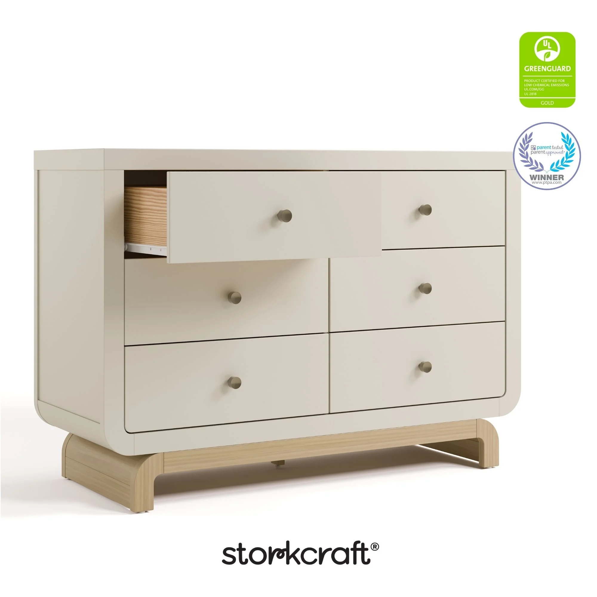 Storkcraft Santorini 6 Drawer Double Dresser, White/Driftwood