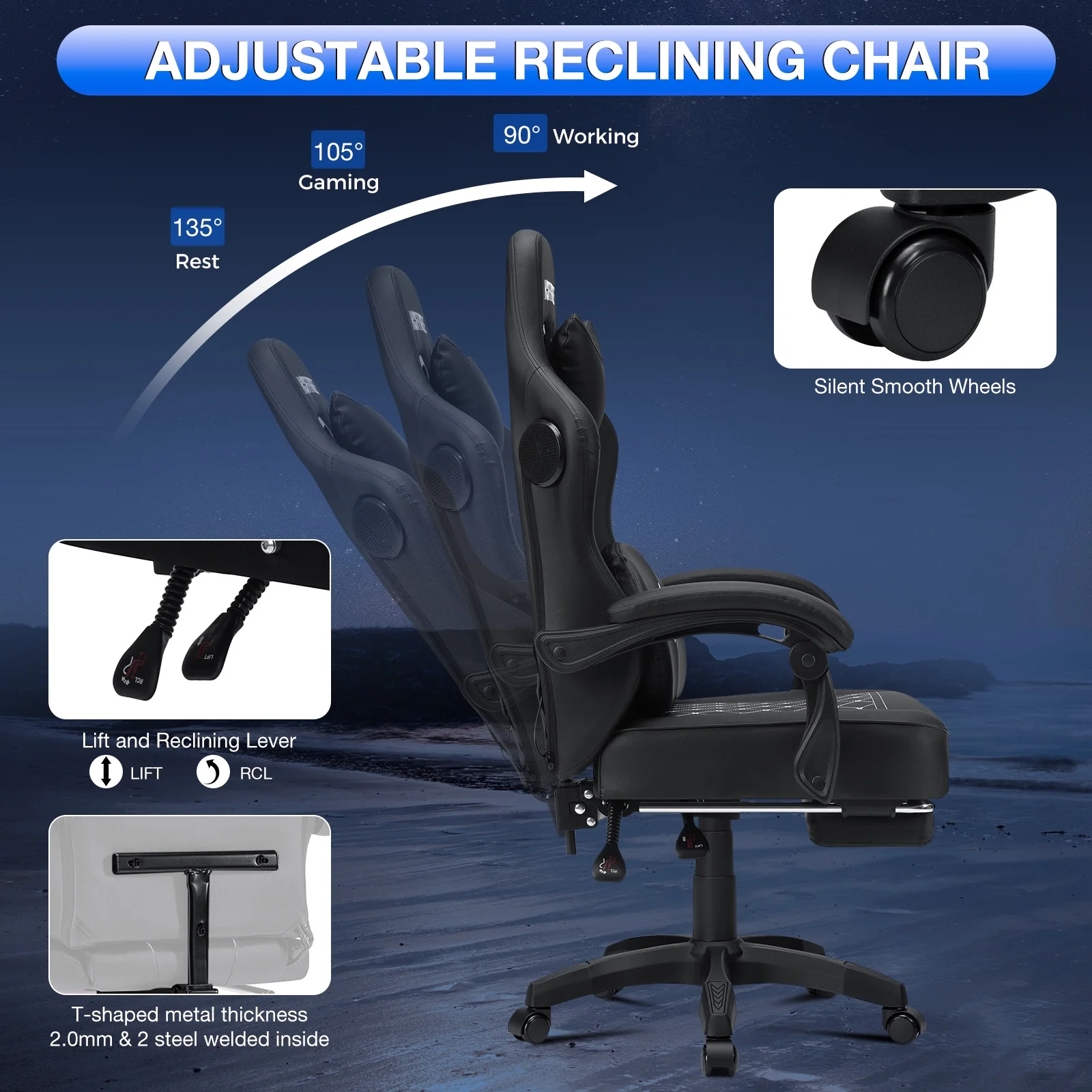 Hoffree Gaming Chair with Speakers PU Gamer Chair with footrest and massage Egonomic Computer Game Chair with Headrest and Lumbar Support for Adults and Office Gaming, 440 LBS