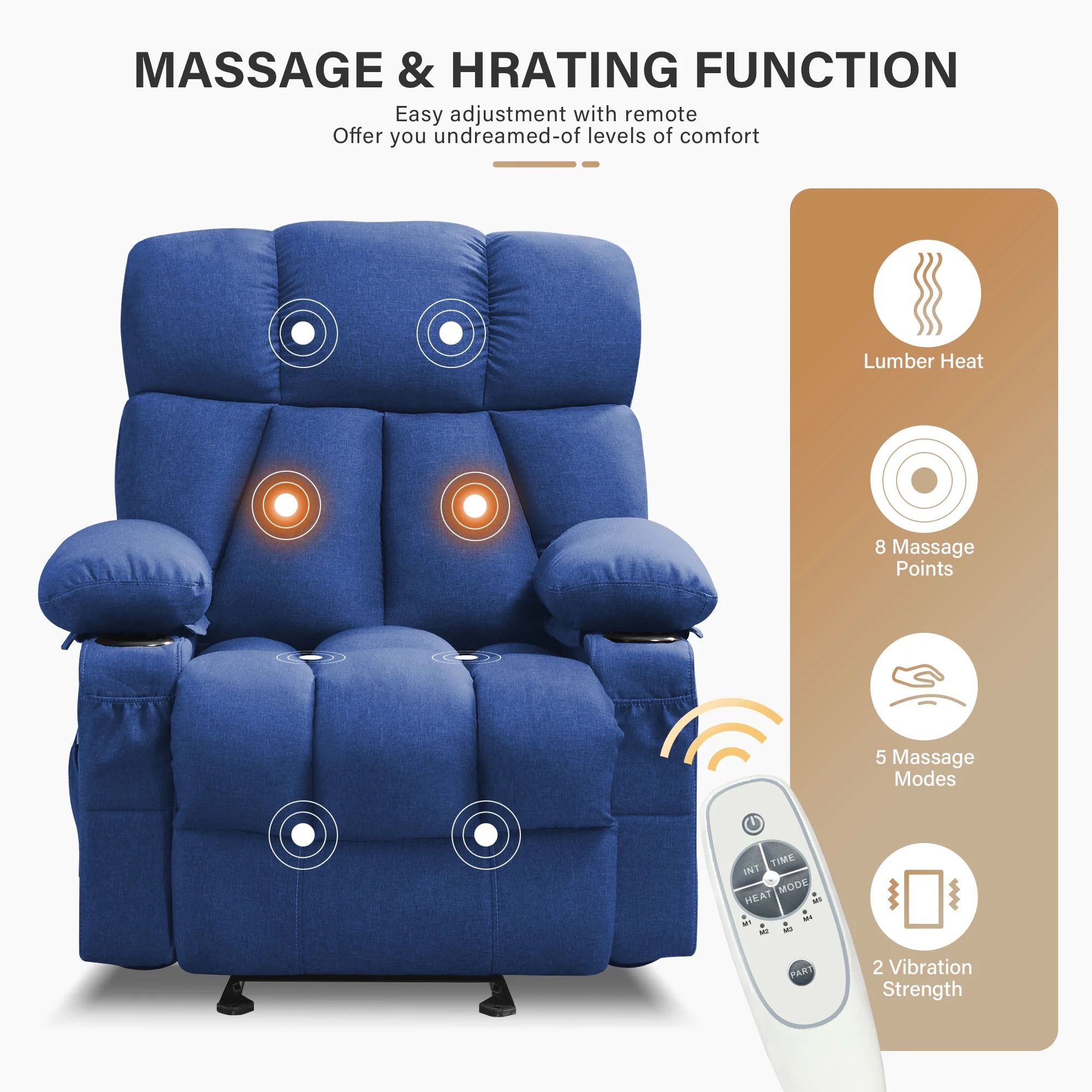 JONPONY Manual Recliner Chair with Heat Therapy and Massage Function, Heavy Duty Reclining Mechanism Massage Chair, Elderly Single Rocker Sofa with Cup Holders for Bedroom Home Theater,Grey