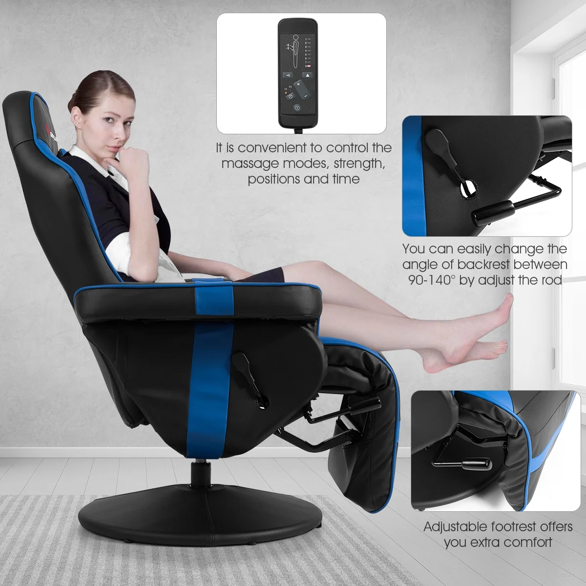 Goplus Massage Gaming Recliner Reclining Racing Chair Swivel Black
