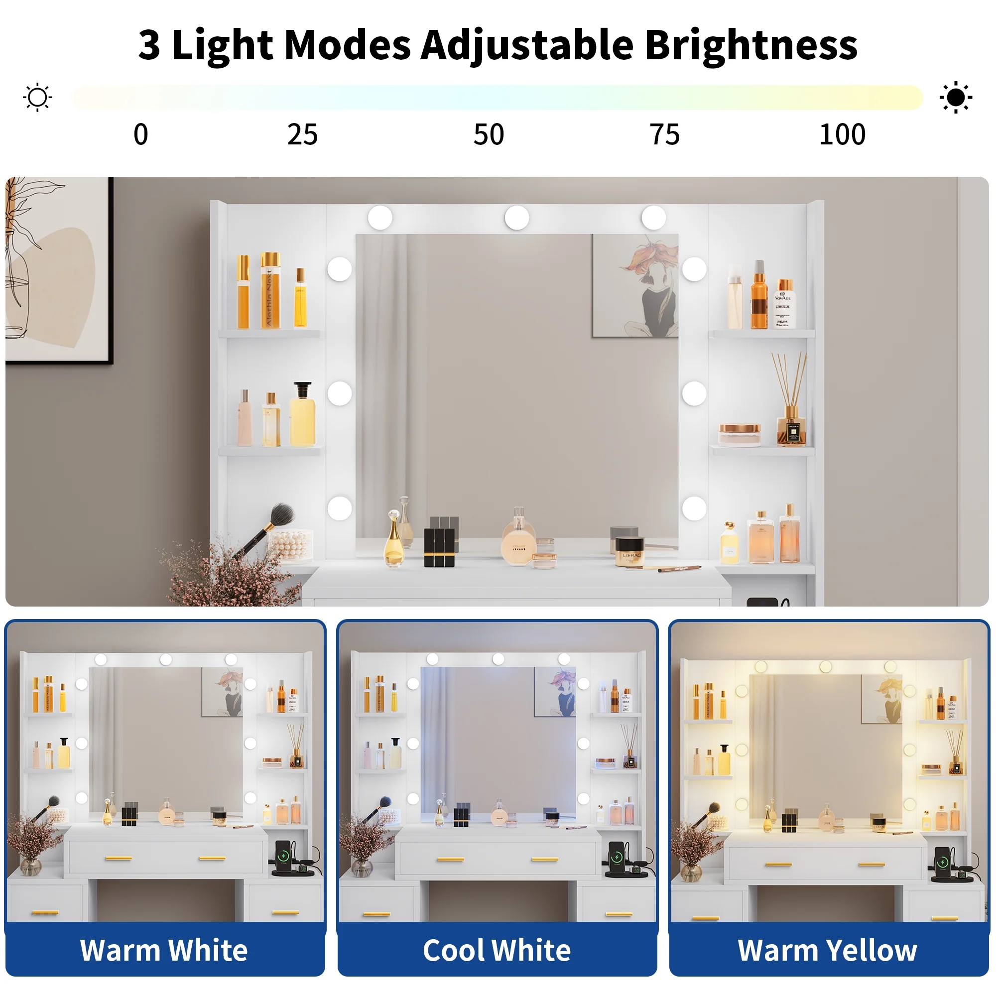 Dextrus Elegant Makeup Vanity Set with Lighted Mirror and Drawers, White Makeup Desk,Dressing Table for Girls