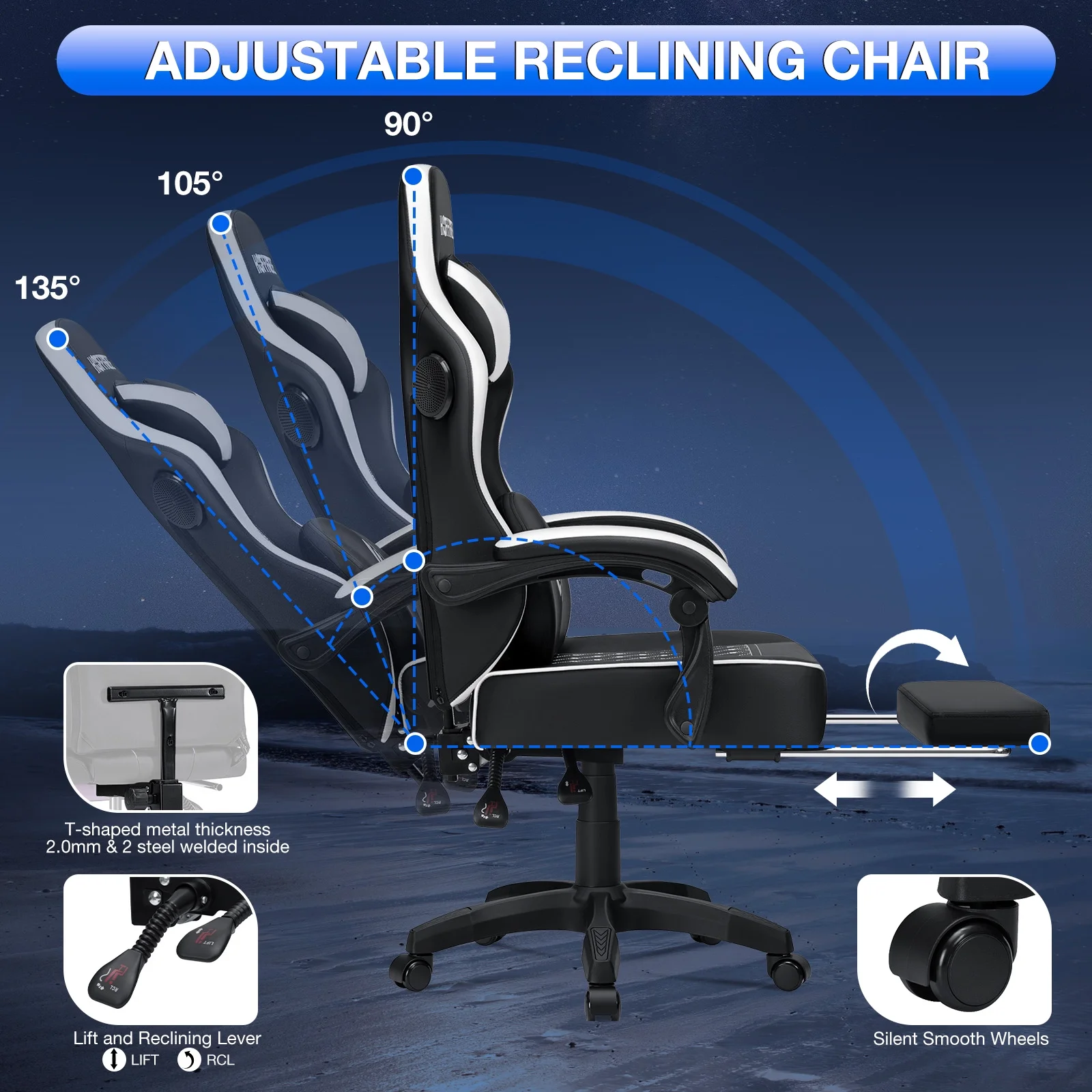 Hoffree Gaming Chair with Speakers PU Gamer Chair with footrest and massage Egonomic Computer Game Chair with Headrest and Lumbar Support for Adults and Office Gaming, 440 LBS