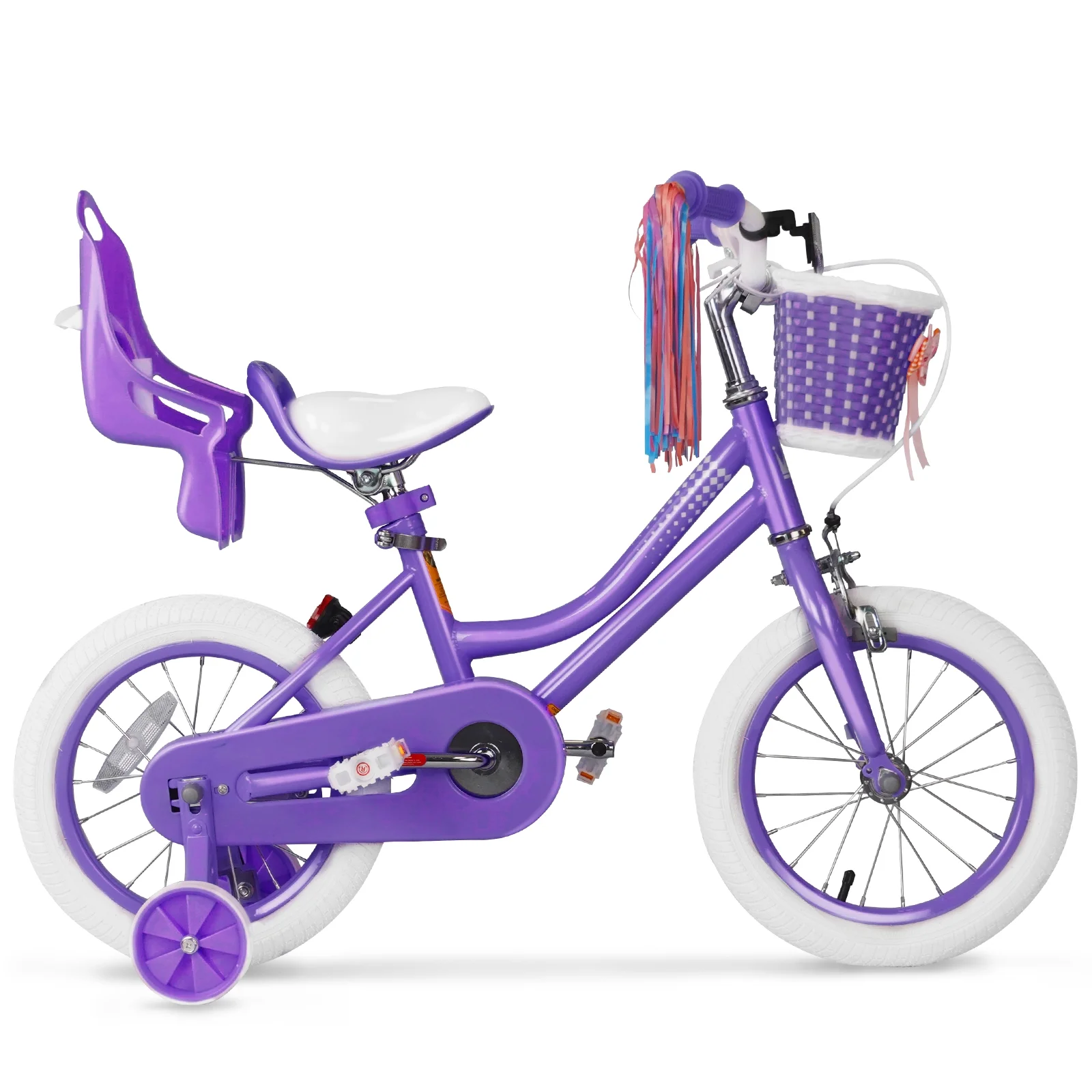 XJD Girls Bike for Toddlers 3-9 Years Old Kids, 14 Inch Kids Bike with Training Wheels, Streamers, Basket and Doll Seat, Children Bicycles with Handbrake