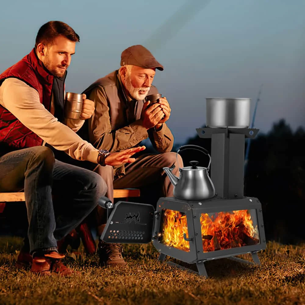 Spaco Portable Wood Camping Burning Stove Heater with 2 Cooking Positions, Portable Wood Burning Stove, Black