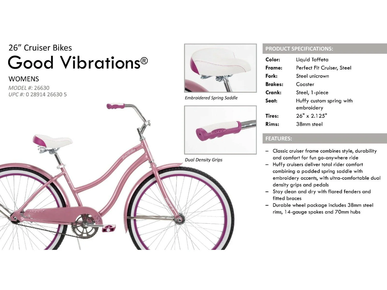 Huffy 26630 26 in. Good Vibrations Womens Cruiser Bike, Pink - One Size