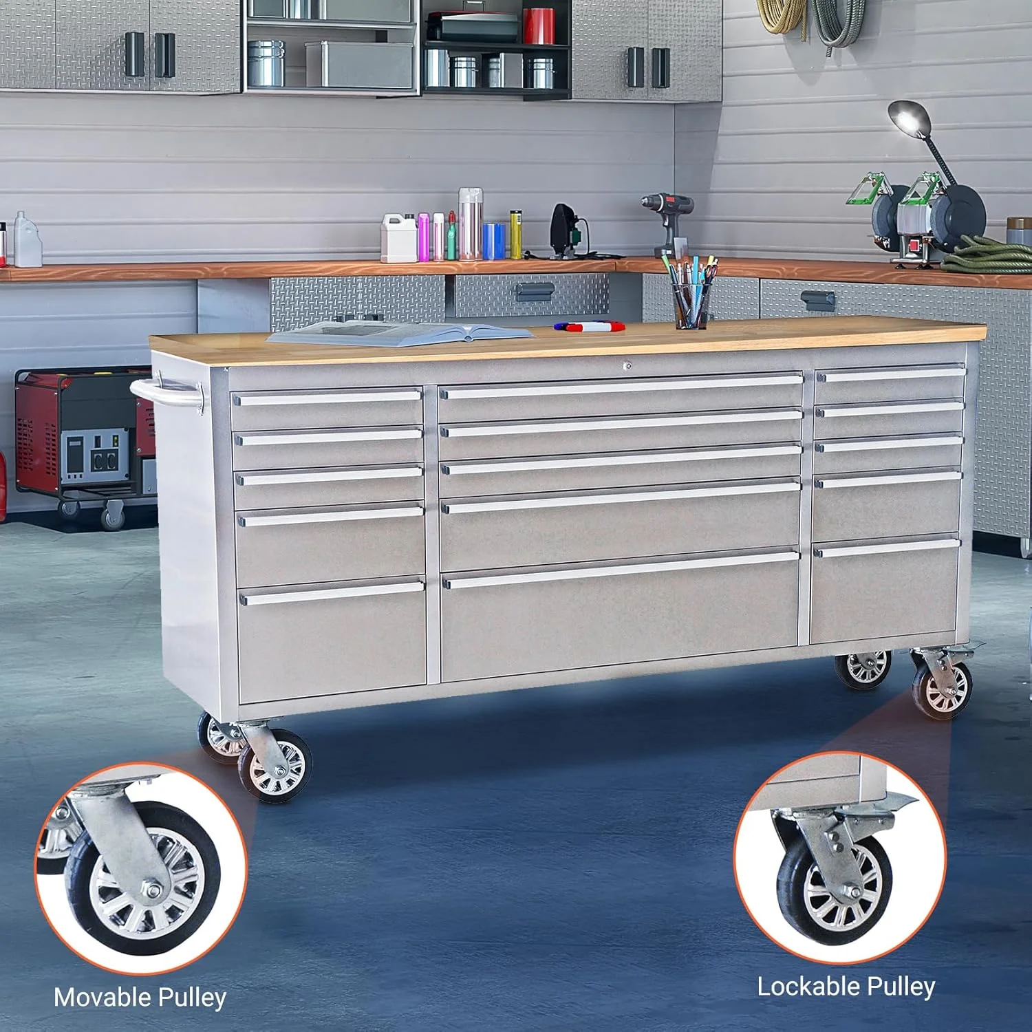 Kojooin 72-Inch Rolling Tool Cabinet, Large Rolling Tool Chest with 15-Drawer and Mobile Workbench, Heavy Duty Steel Storage Cabinet with Locking System for Warehouse, Garage, Basement