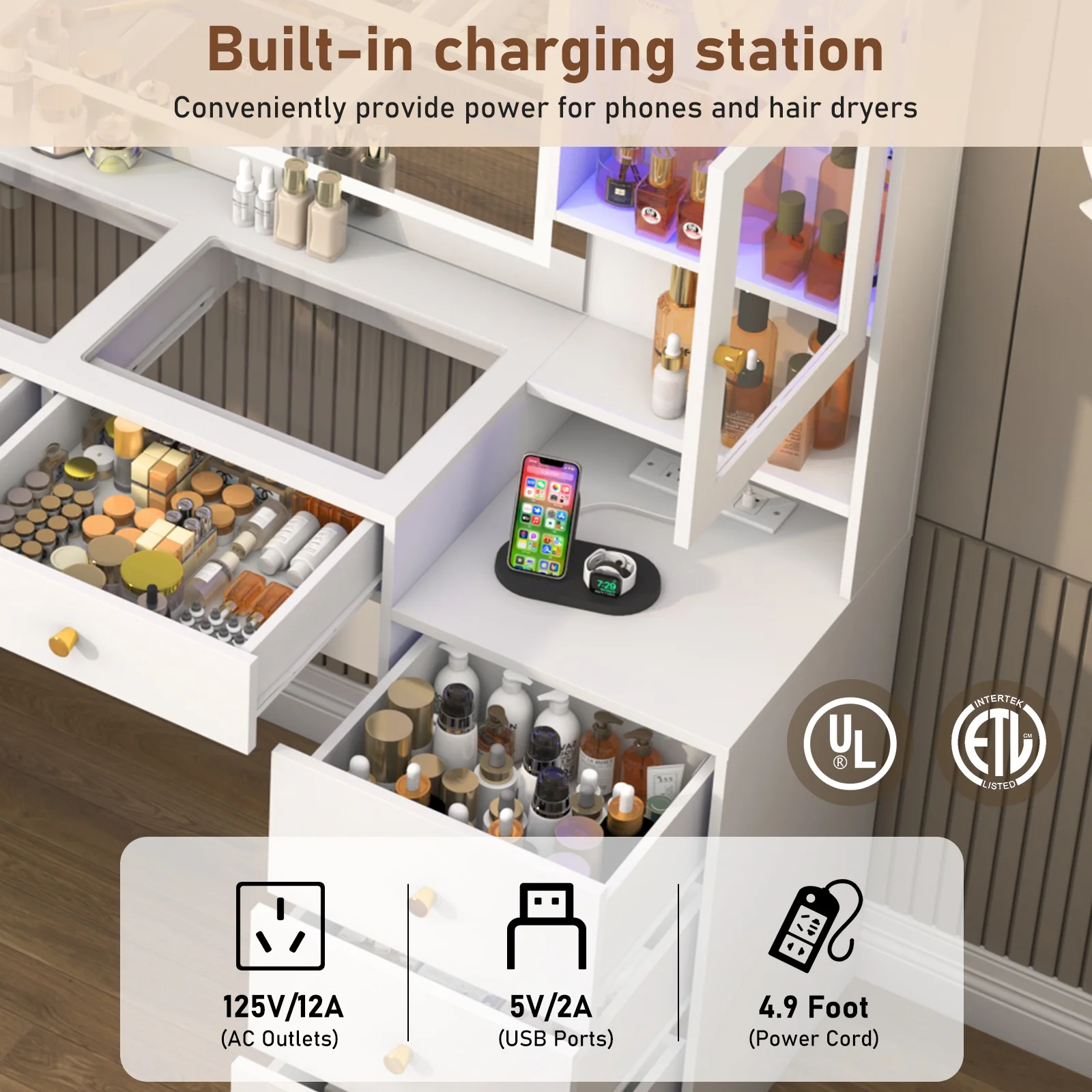 ChVans 62'' Large Vanity Desk with Tempered Glass Top, 60000-color LED Lights, Charging Station, White Makeup Vanity with 3 Lights Mode LED Mirror, 9 Drawers, 2 RGB cabinets for Women, Girls Gift