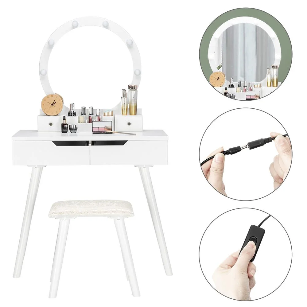 Ktaxon Vanity Set with Round Lighted Mirror, Makeup Dressing Table with 8 Light Bulbs & Cushioned Stool Set,Bedroom Vanities Set Black