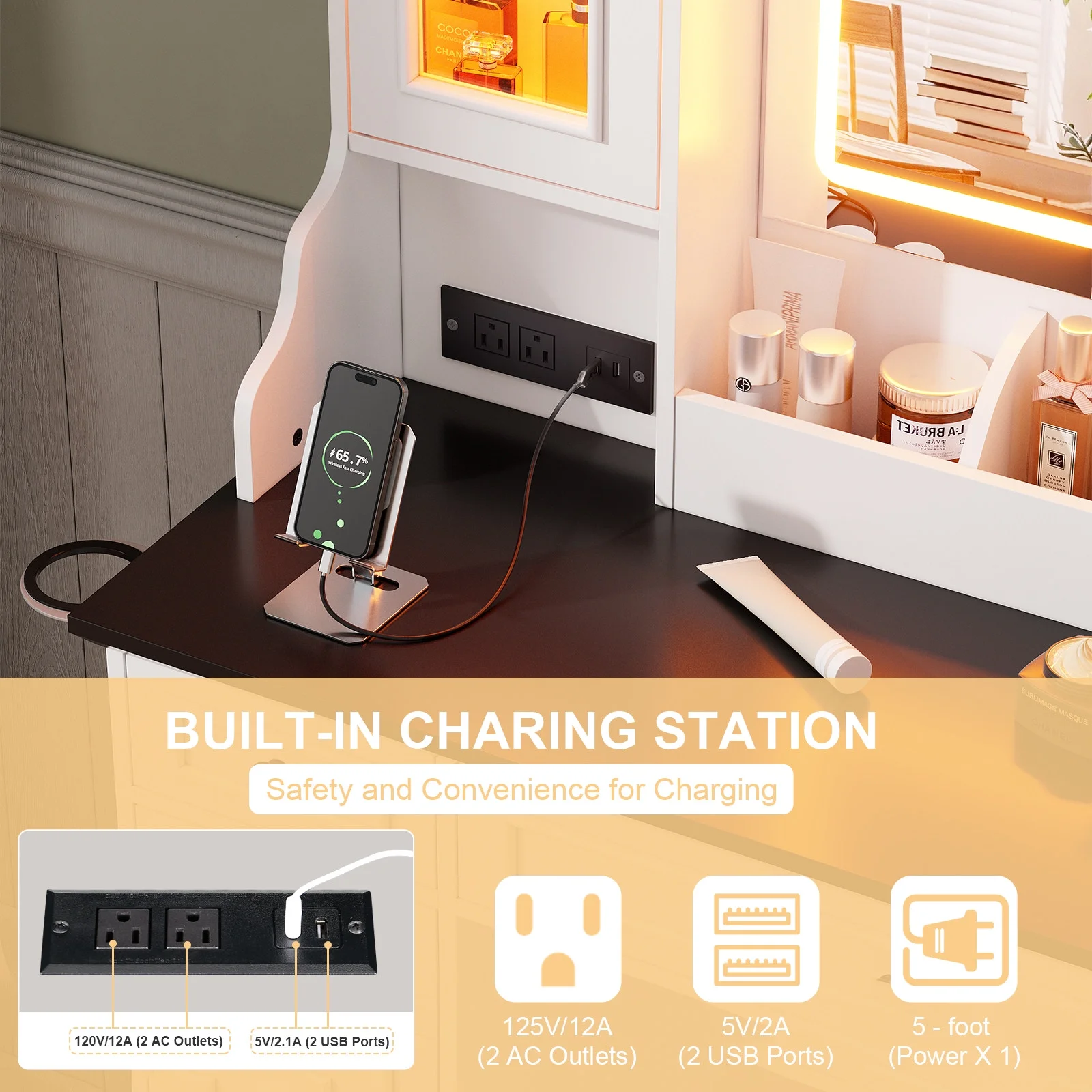 Farmhouse Makeup Vanity Desk with Mirror and Lights, Vanity Table with Glass Tabletop, Charging Station, 5 Drawers, Side Cabinet, Storage Shelves for Bedroom, White by TZUTOGETHER