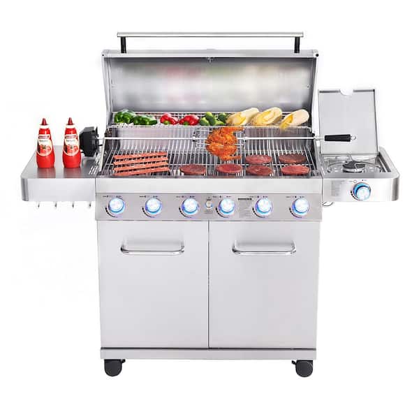 6-Burner Propane Gas Grill in Stainless with LED Controls, Side Burner and Rotisserie Kit