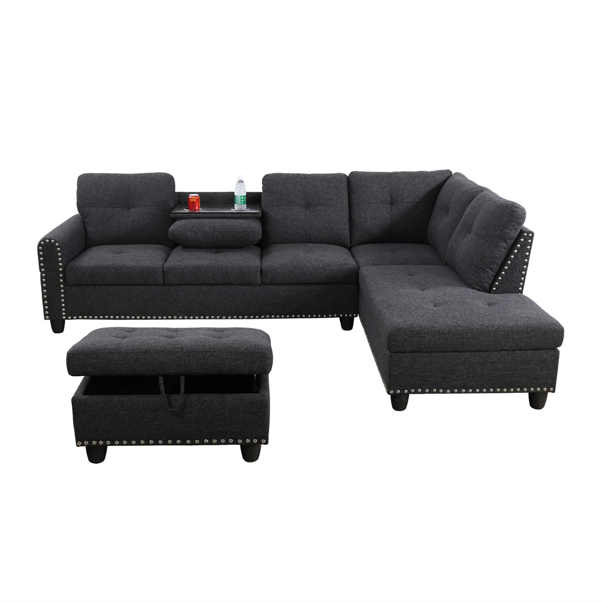 Aukfa 3 Piece Sectional Sofa, Living Room Couch with Storage Ottoman&Cup Holder, Linen, Left Hand, Black Gray