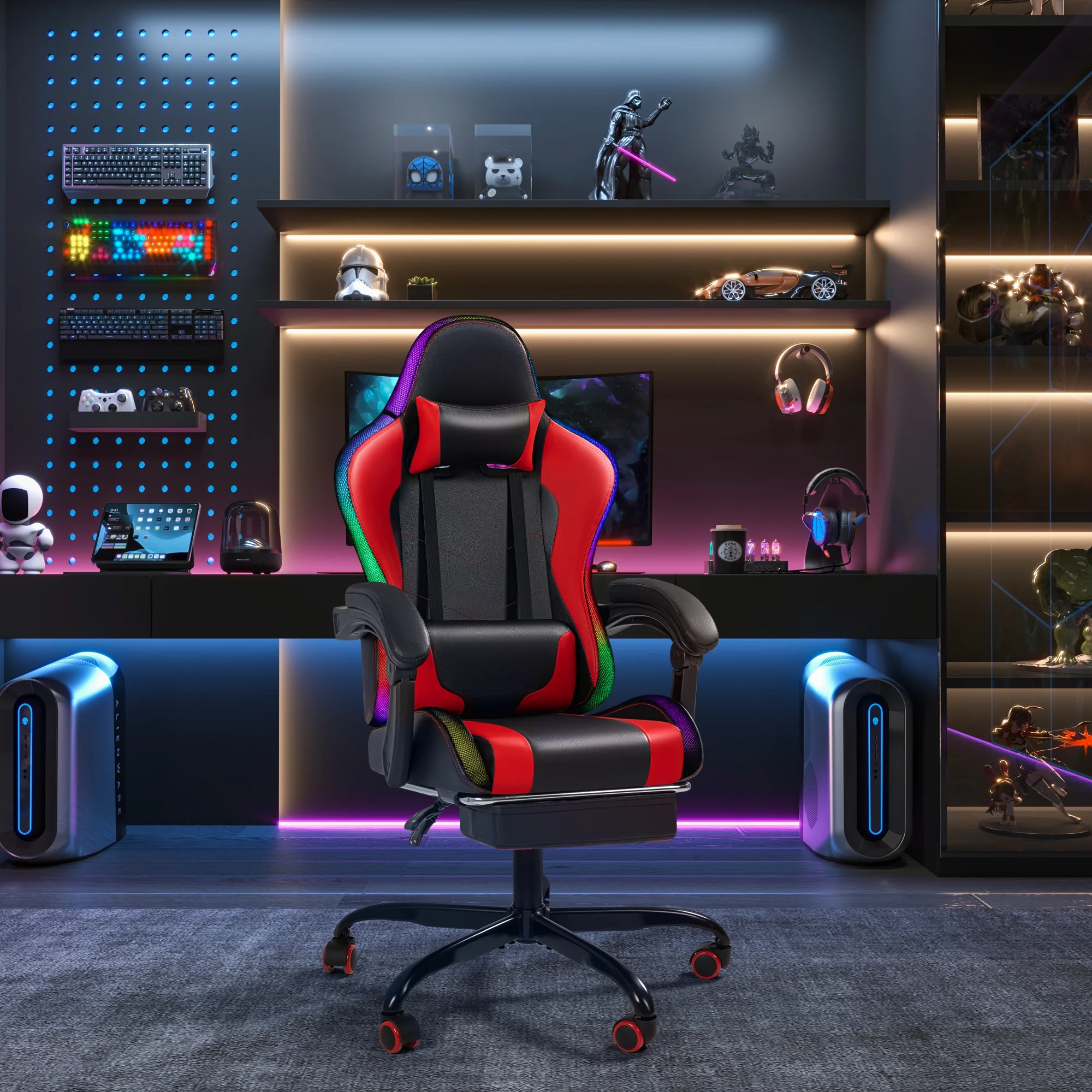 Homall RGB Gaming Chair with Massage and LED Lights Ergonomic Computer Chair with Footrest & Adjustable Lumbar Support, White