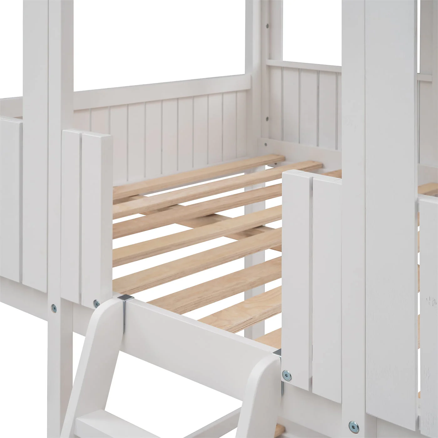 Full Over Full Bunk Bed House Bed with Dual Roofs, Wood Loft Bed Frame with Full-Length Guardrails & Inclined Ladder, Space Saving Design, No Box Spring Needed, White