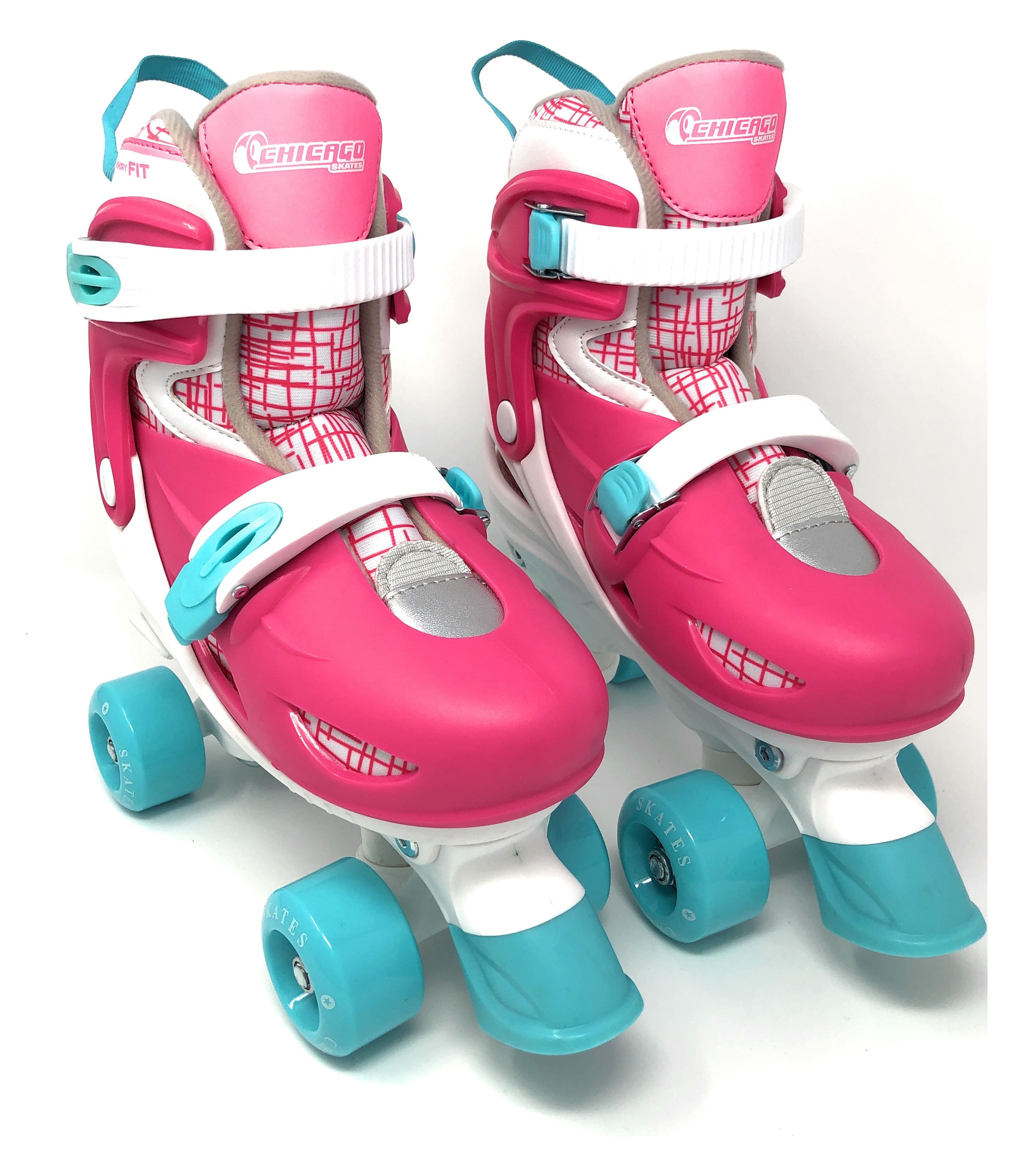 Chicago Skates Adjustable Quad Roller Skate Combo Set Pink/White/Teal – Skates, Helmet, Knee Pads, And Wrist Guards - Size Medium(1-4)