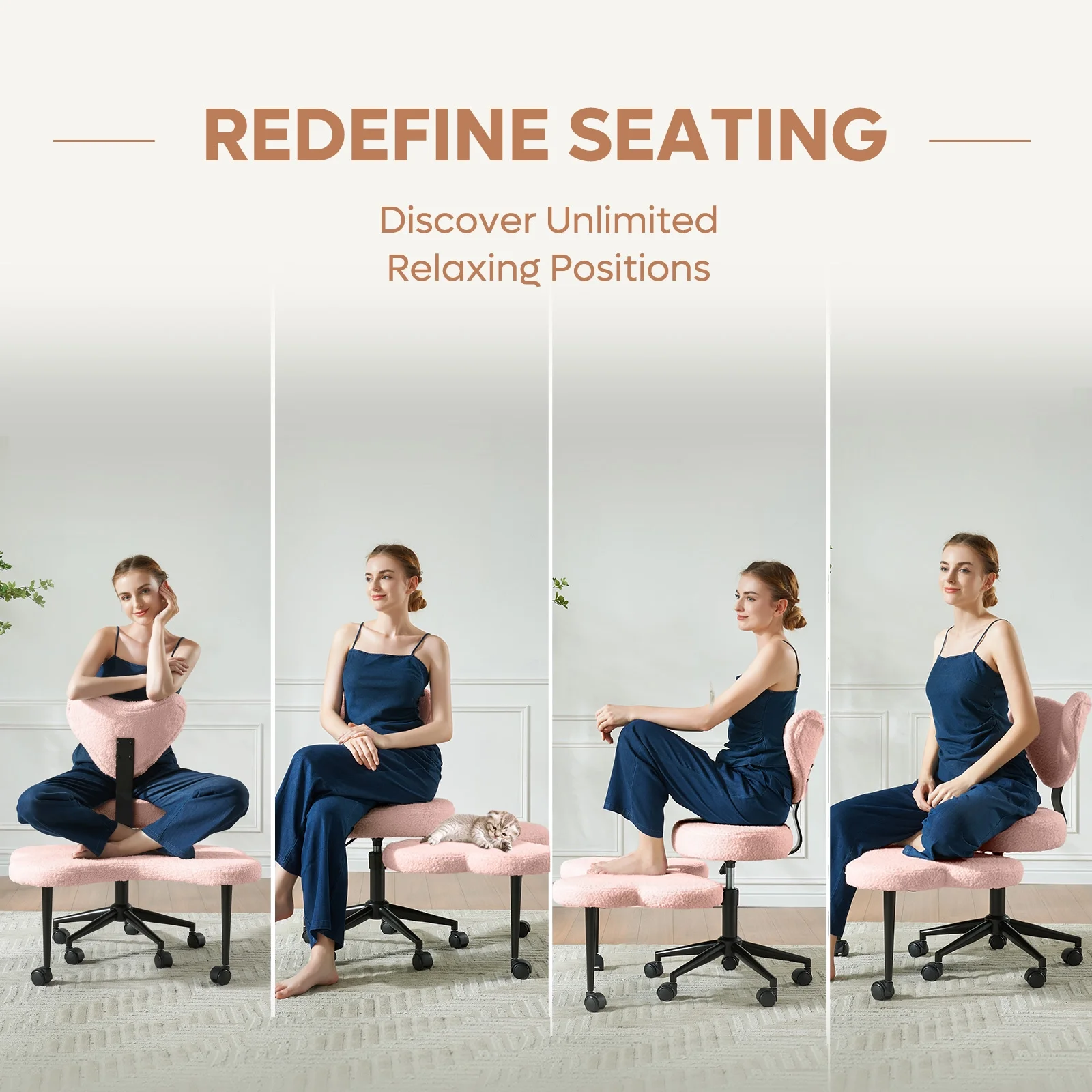 Pinmoco Ergonomic Cross Legged Swivel Chair, Adjustable Height and Teddy Fabric, Meditation& ADHD Chair with Back Support, Home and Office, Off White