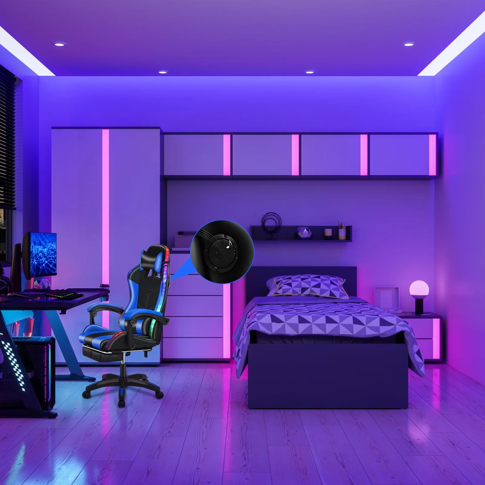 Happydeer Gaming Chair with Bluetooth Speakers and LED Lights Ergonomic Massage Video Game Chair with Footrest High Back with Lumbar Support Blue and Black