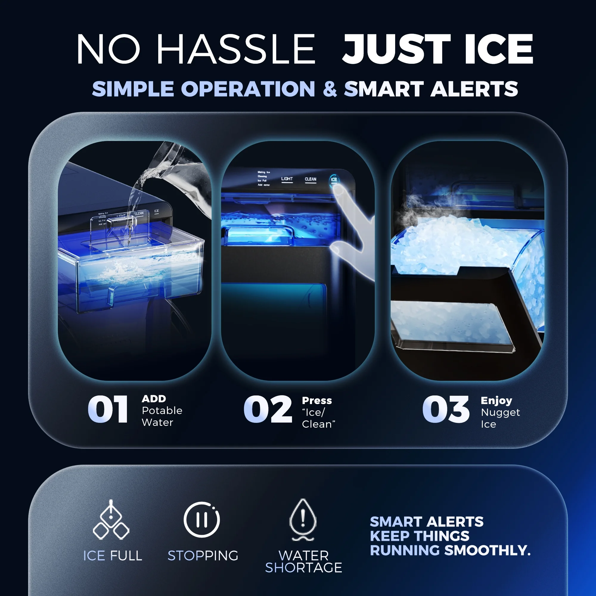 Simzlife Nugget Ice Maker Countertop, 44.9lbs per Day Chewable Pebble Nugget Ice Machine with Touch Screen for Home, Kitchen, Office, Stainless Steel, Black