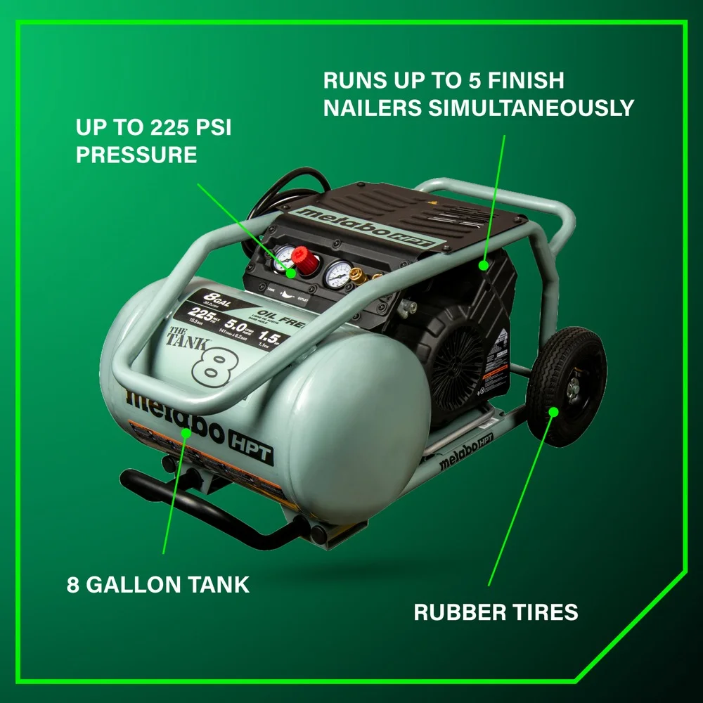 Metabo HPT Air Compressor, THE TANK, 8-Gallon Trolley Air Compressor, 225 PSI, Versatile for Use with Framing, Siding, Finish, or Roofing Nailers, Easy Mobility with Rubber Tires, EC1315S