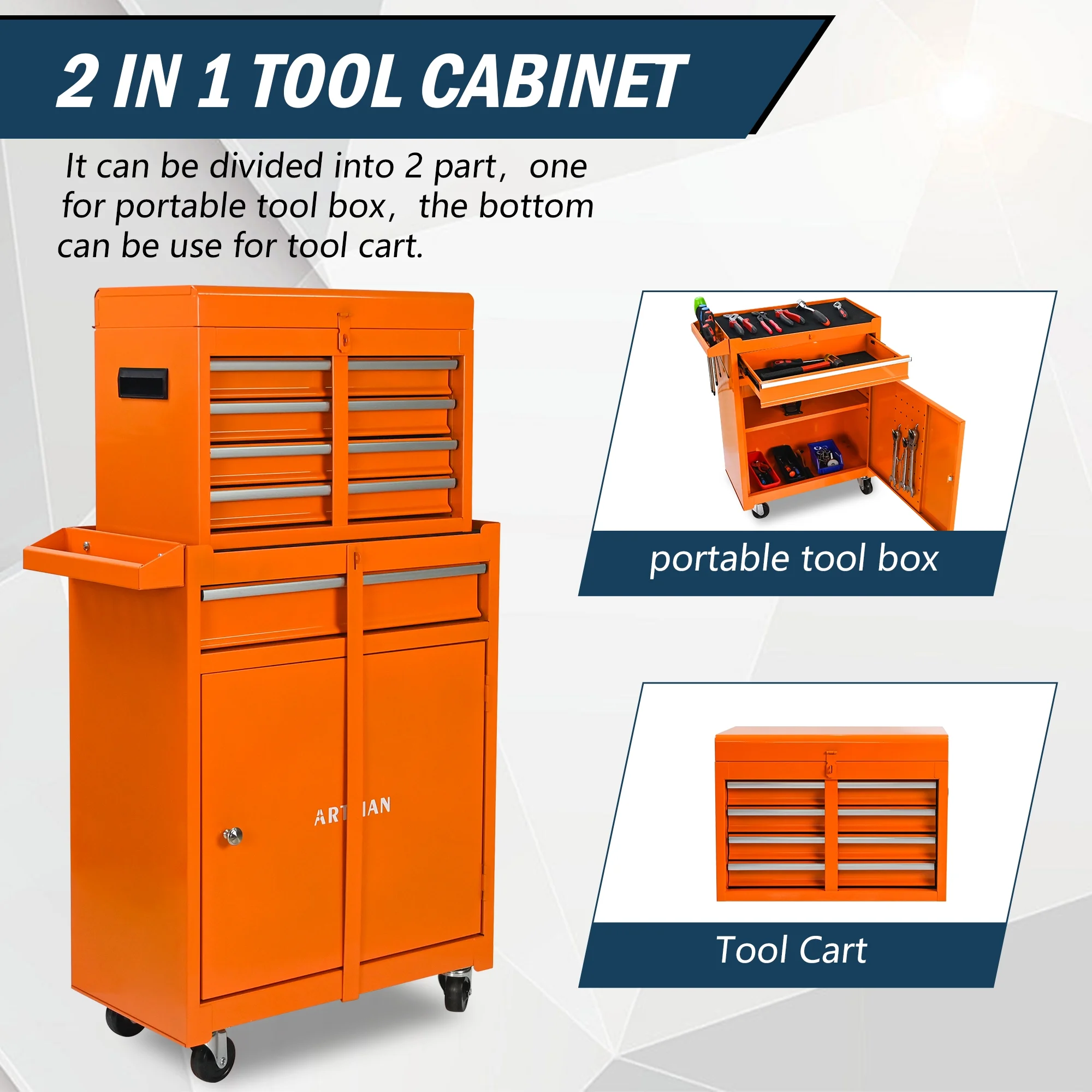 Tool Chest, 5-Drawer Rolling Tool Storage Cabinet with Detachable Top Tool Box, Universal Lockable Wheels