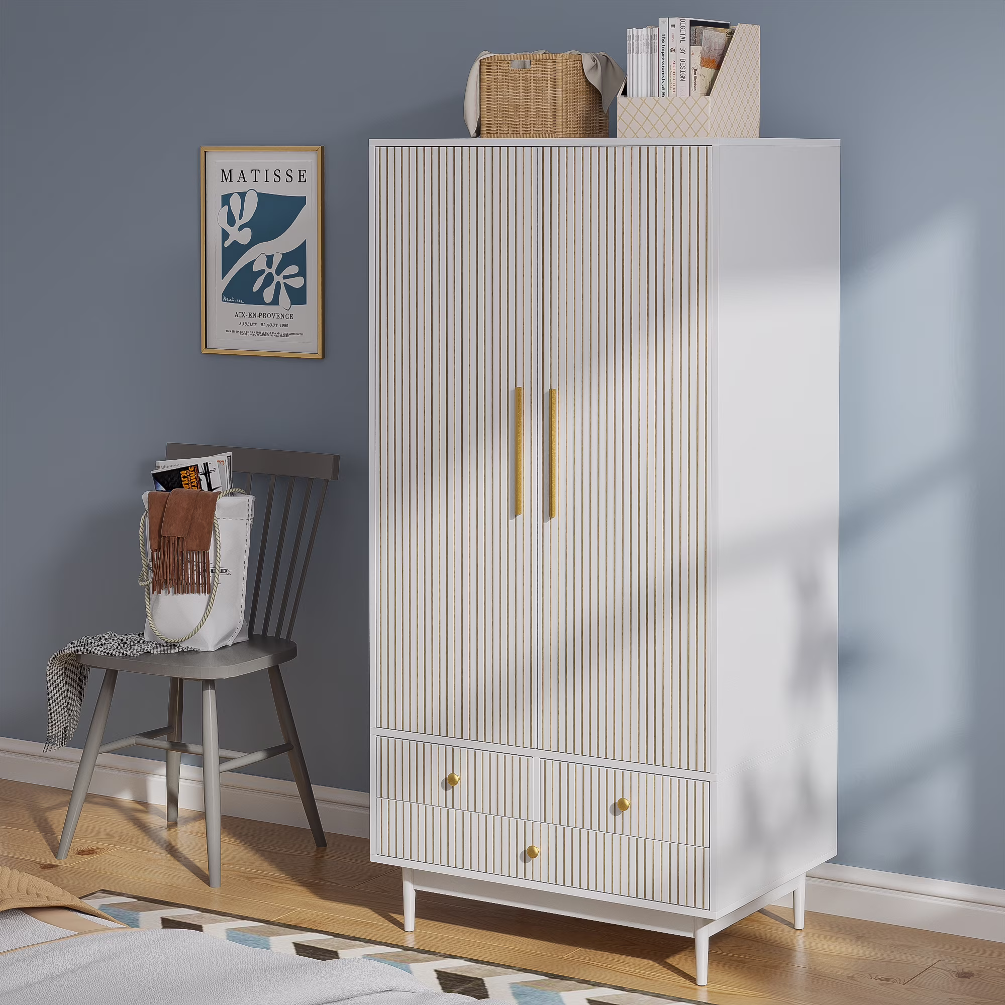 Armoire Wardrobe Closet, Closet Wardrobe Cabinet with Drawers and Hanging Rail for Bedroom, White