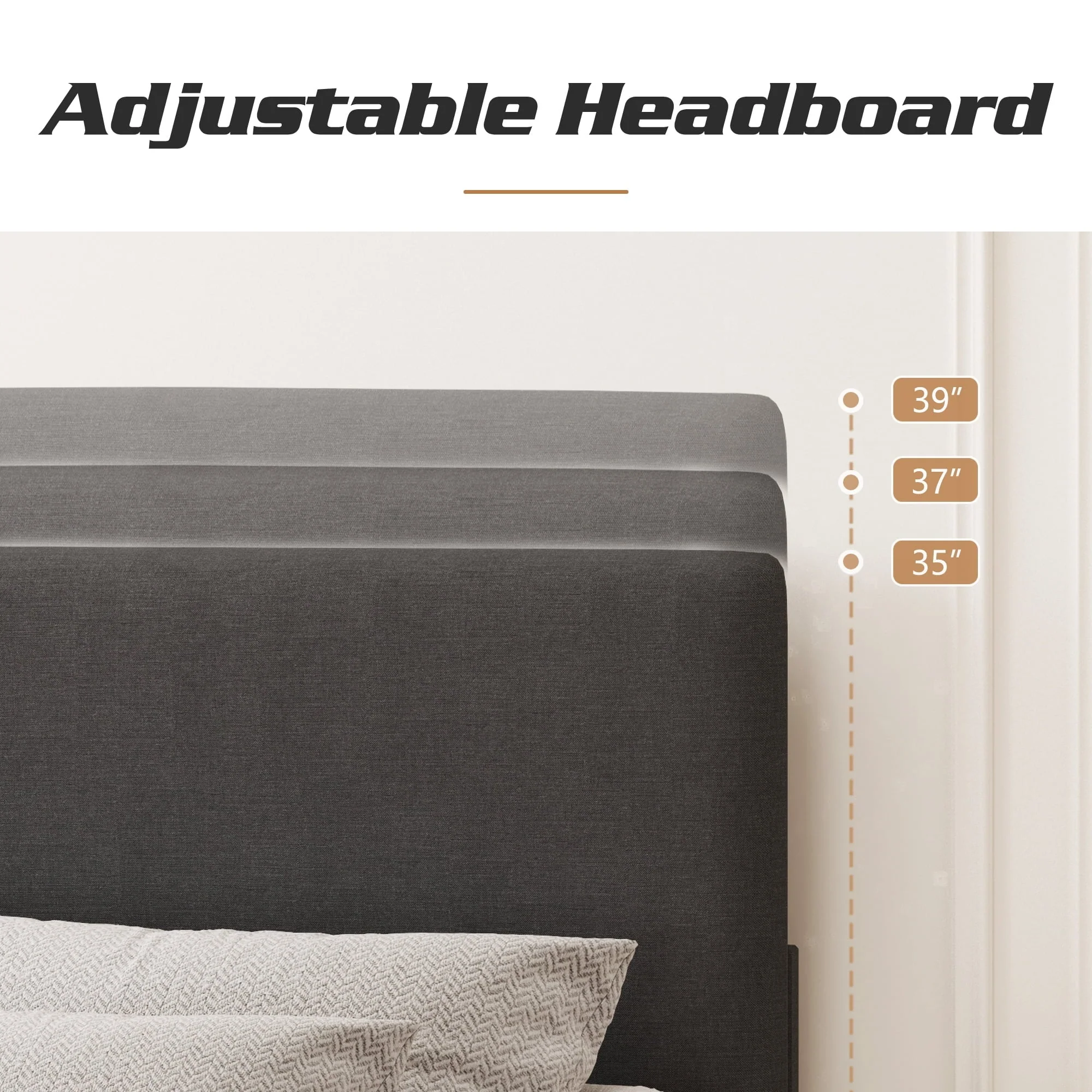 Lifezone Queen Size Dark Gray Upholstered Bed with Adjustable Headboard, Fabric Platform Bed Frame