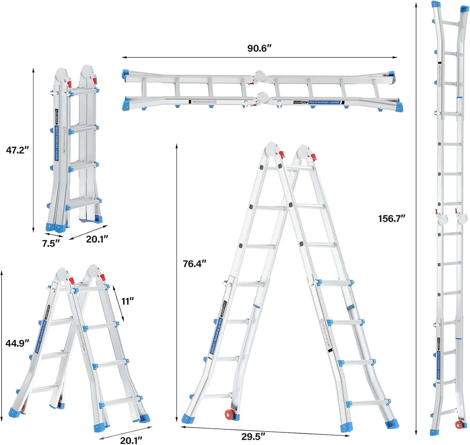 LUISLADDERS Ladder, A Frame 6 Step Ladder Telescoping Ladder, 22 Ft Reach Height Muti Position Folding Ladder Flared Leg & Wheels Design, 330 lbs Capacity Extension Ladder for Household Outdoor Work