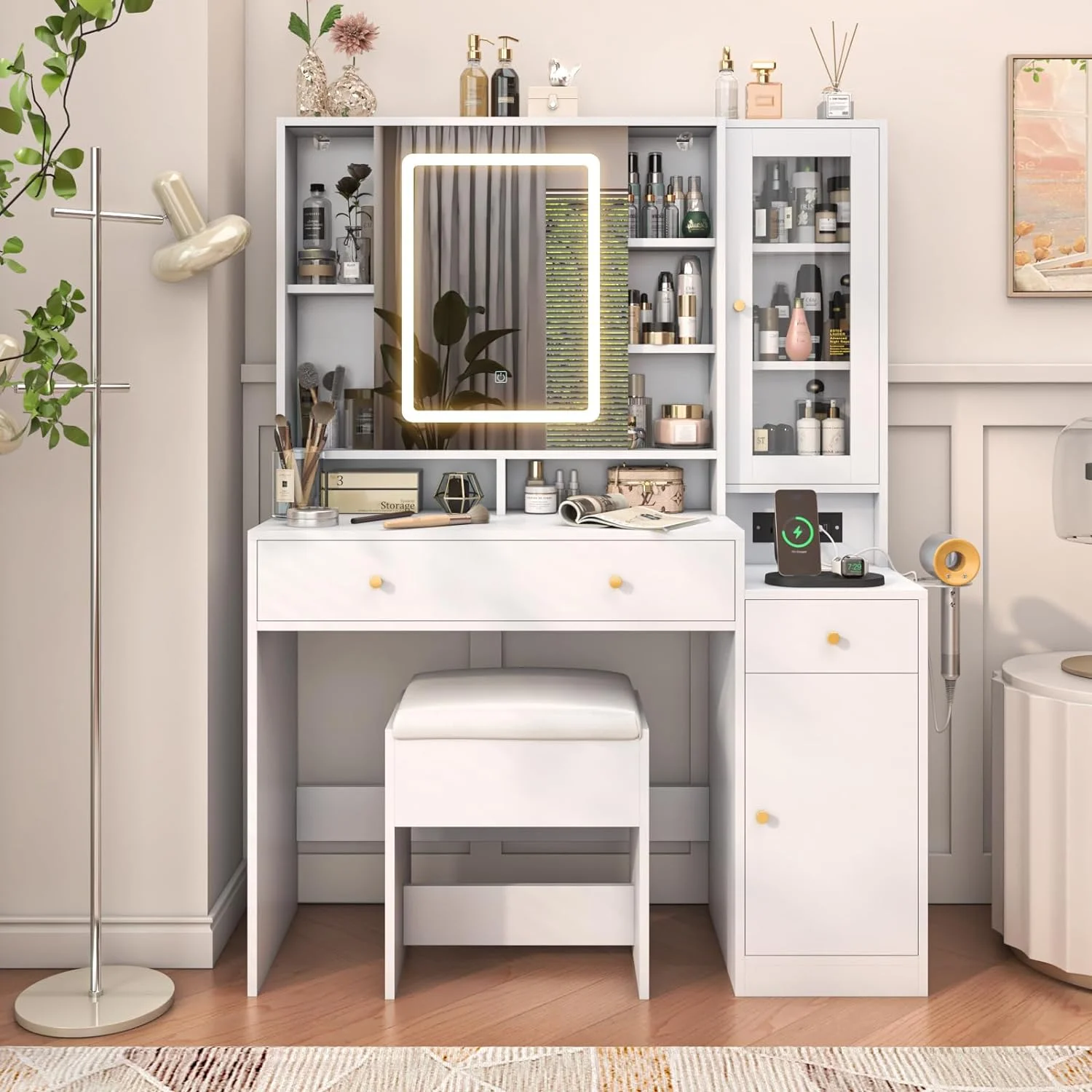 White Vanity Desk with Sliding Mirror & Lights, Vanity Table Makeup Desk with Charging Station 2 Drawers 2 Doors, Lots of Storage Shelves, Large Vanity Set with Cushioned Stool