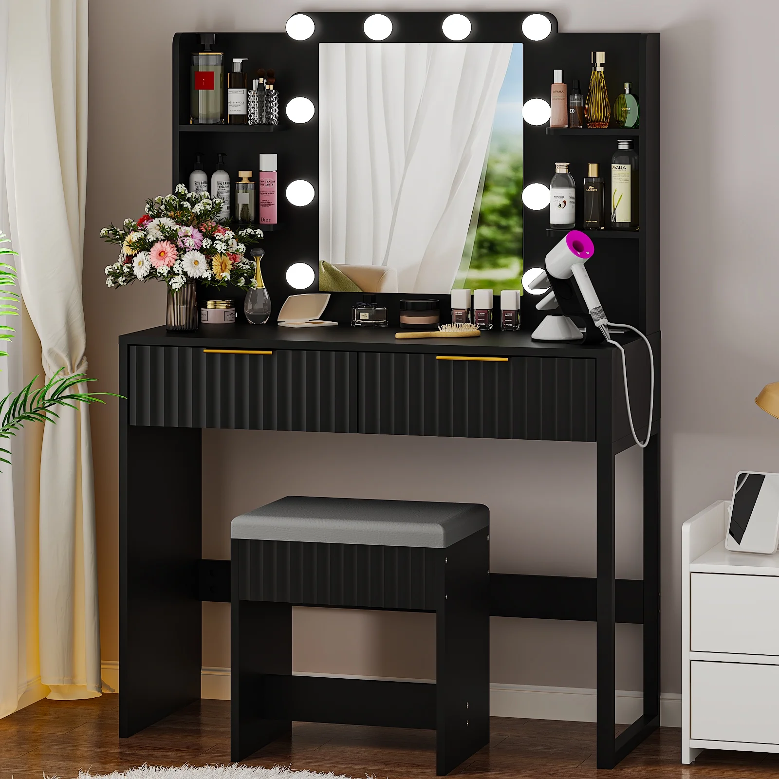 Ktaxon Lighted Makeup Vanity, White Vanity Table Set with 2 Drawer and Charging Station, Femal Gift