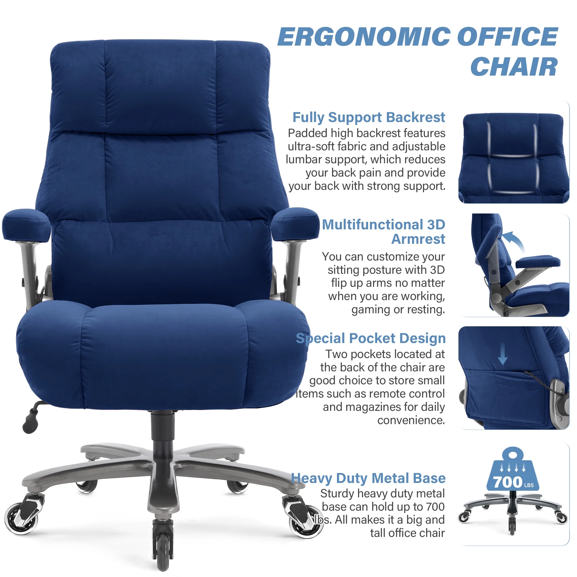 Big and Tall 700lbs Office Chair, Ultra-Soft Fabric Executive Desk Chair, Ergonomic Computer Chair with 3D Flip Up Arms, Adjustable Lumbar Support, Heavy Duty Metal Base and Quiet Rubber Wheel, Black