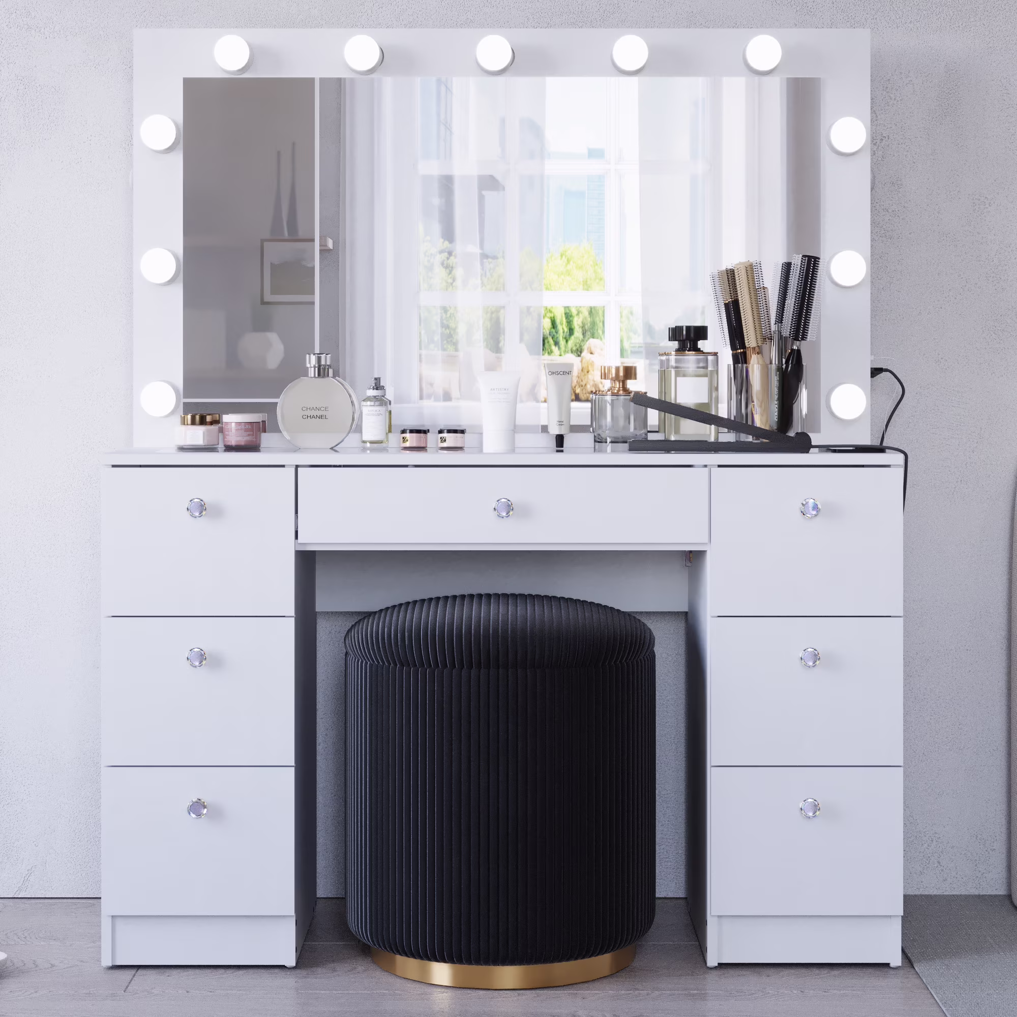 Ember Interiors Ibbie White Makeup Vanity with Glass Top, Lights, Charging Station