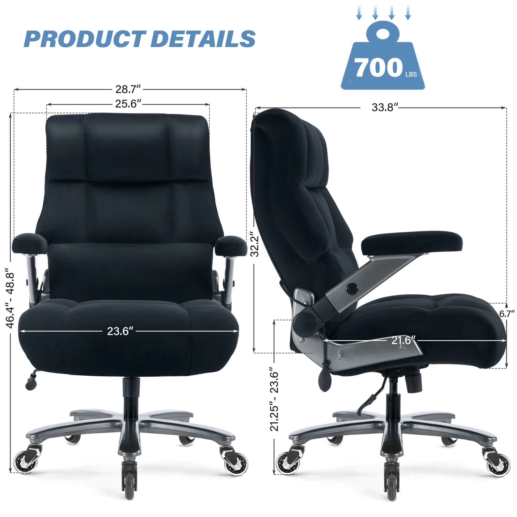 Big and Tall 700lbs Office Chair, Ultra-Soft Fabric Executive Desk Chair, Ergonomic Computer Chair with 3D Flip Up Arms, Adjustable Lumbar Support, Heavy Duty Metal Base and Quiet Rubber Wheel, Black