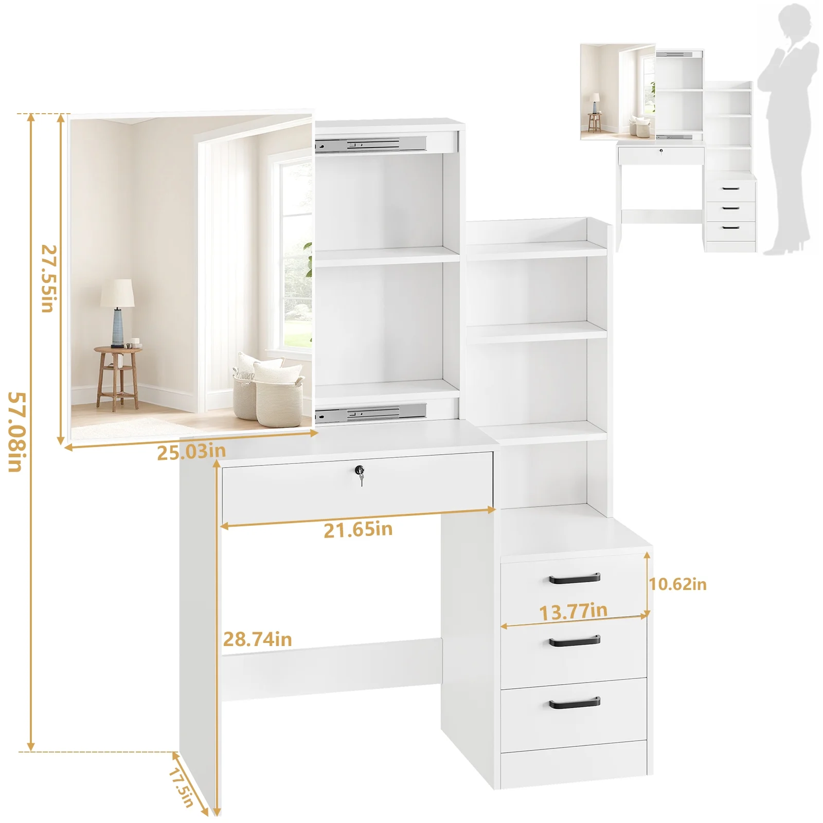 Furnibear Vanity Desk Set with Mirror and Light, Makeup Table with 2 Drawers and Cabinet, Power Outlet and 3 Color Modes Brightness Adjustable