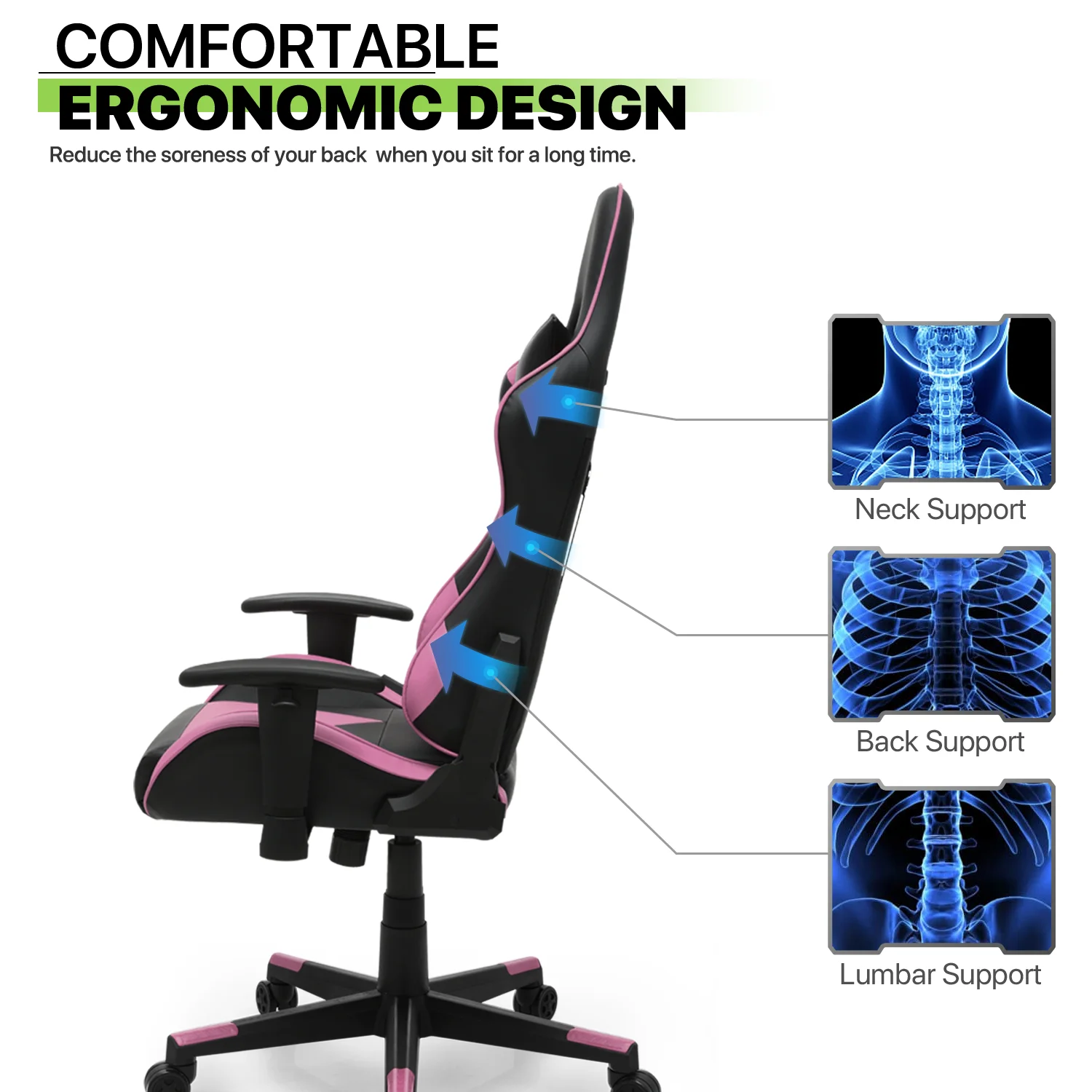 Magshion Ergonomic Gaming Chair, Comfortable Gaming Chair, Computer Chair Leather Desk Chair Adjustable Swivel Gaming Office Chair, Blue