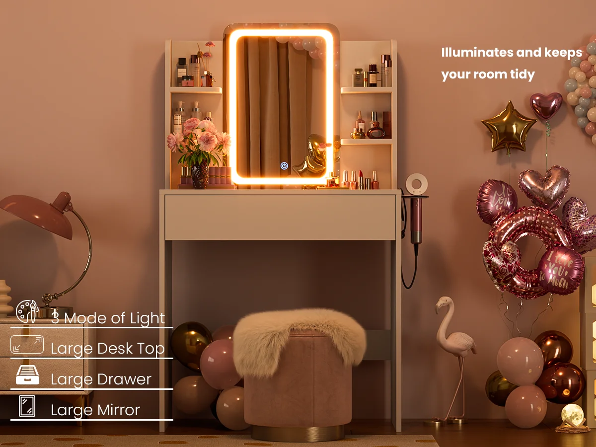 Vanity Table Set with Mirrors and Adjustable Lights ,Makeup vanity With Power Outlet for Bedroom Dressing Room,White